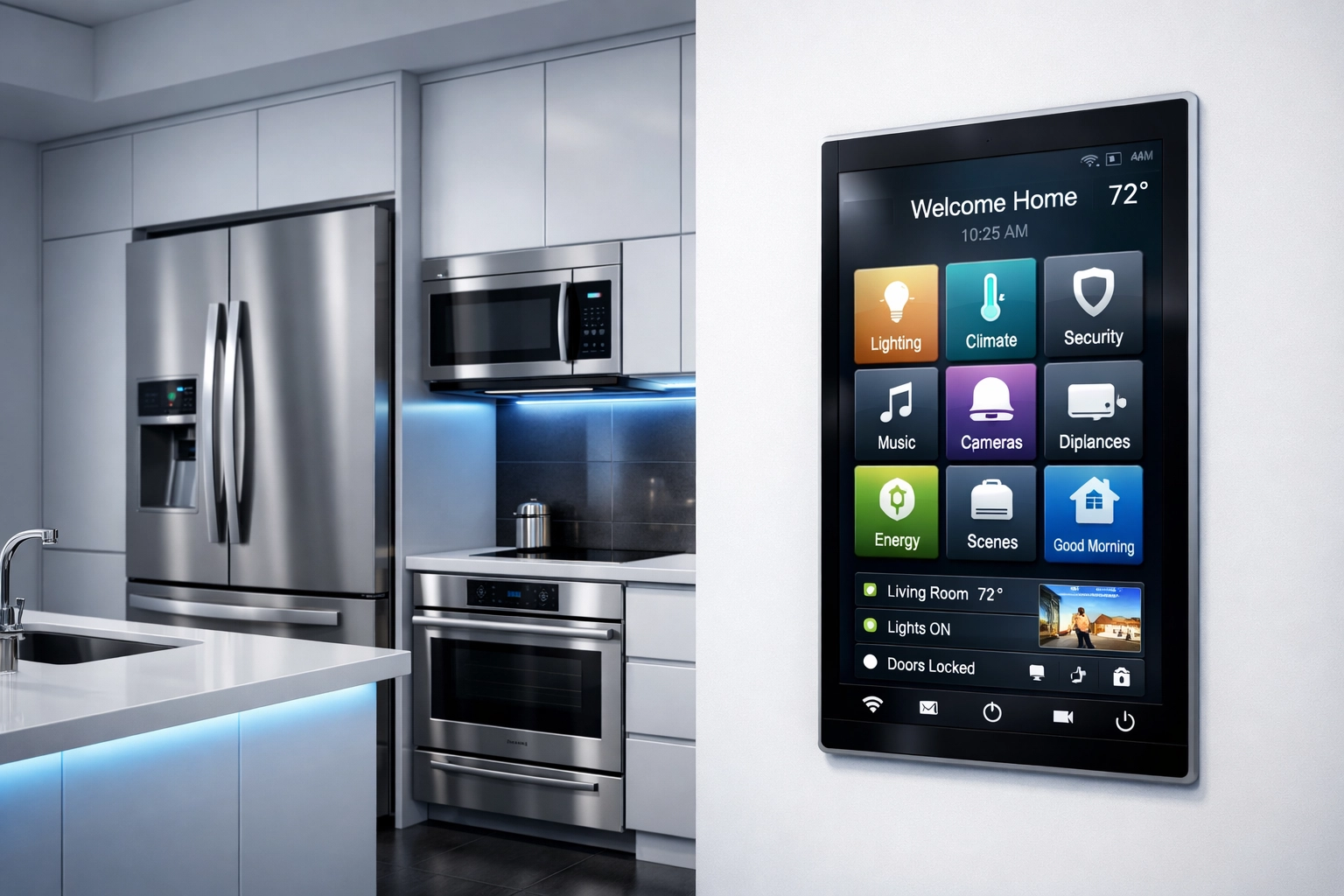 Spotless stainless steel appliances and smart home screens in a modern Newton luxury kitchen.