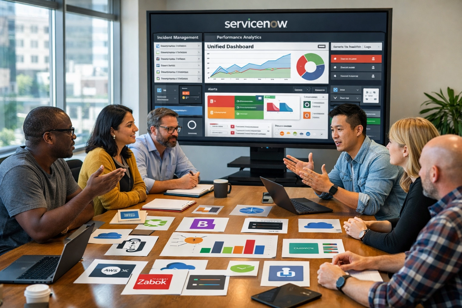 IT team collaborating on ServiceNow implementation partner project for tool consolidation and monitoring strategy