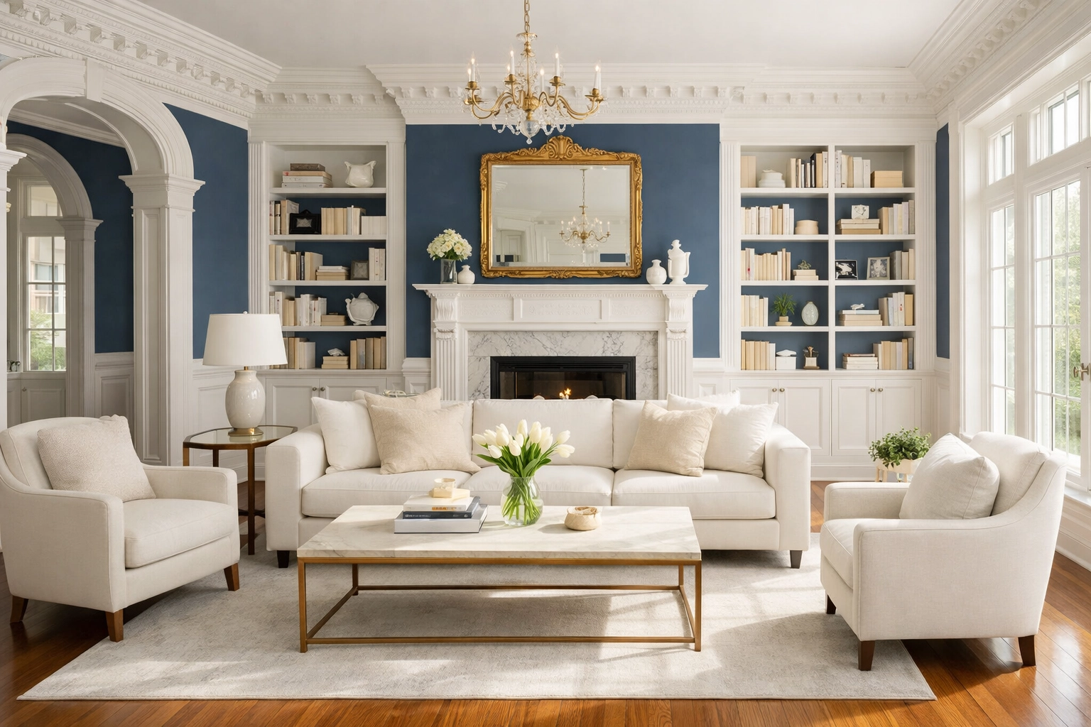 Clean Concord estate living room with polished hardwood floors and dust-free library shelves.