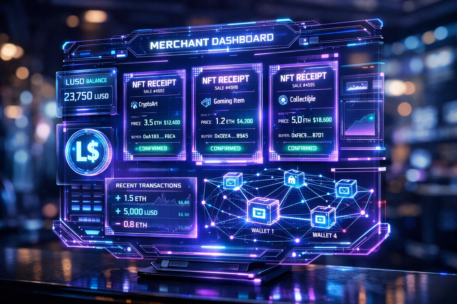 Merchant dashboard showing NFT receipts, LUSD stablecoin, and wallet management