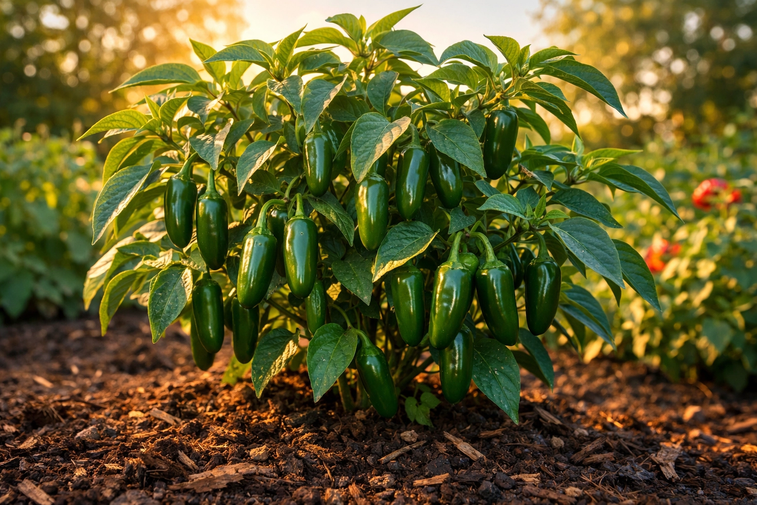 Mature jalapeno plant loaded with green peppers growing in garden bed