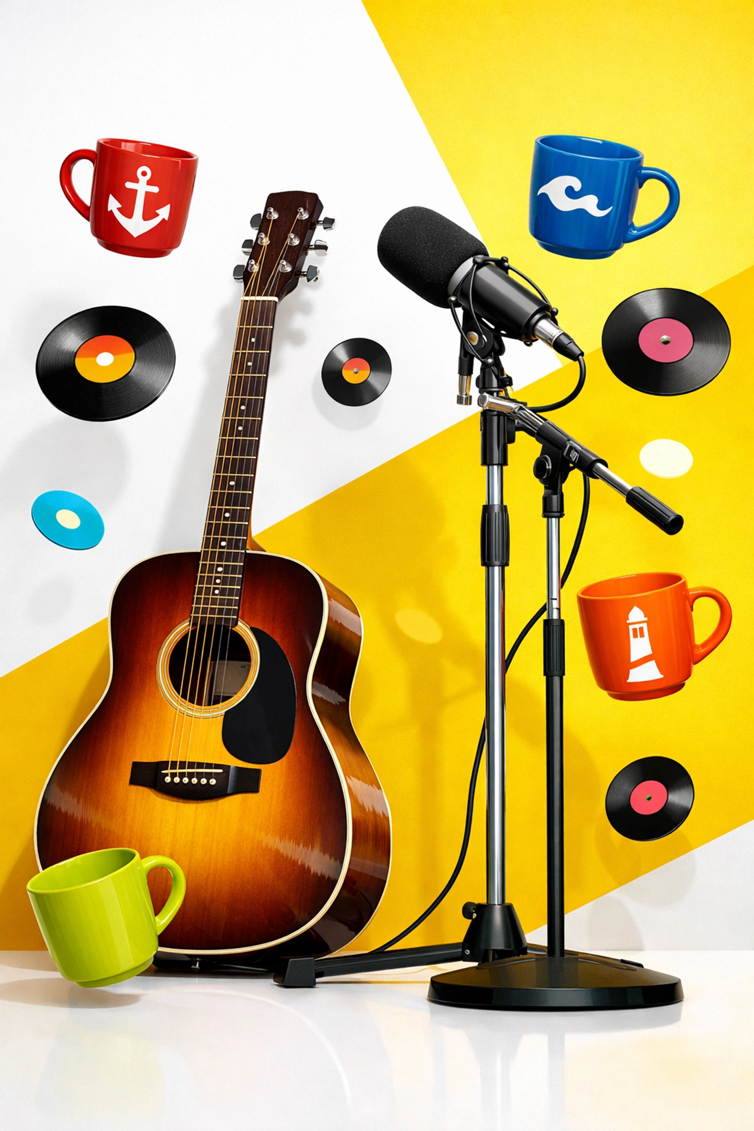 Acoustic guitar and studio microphone representing the vibrant community for artists on folk music radio.