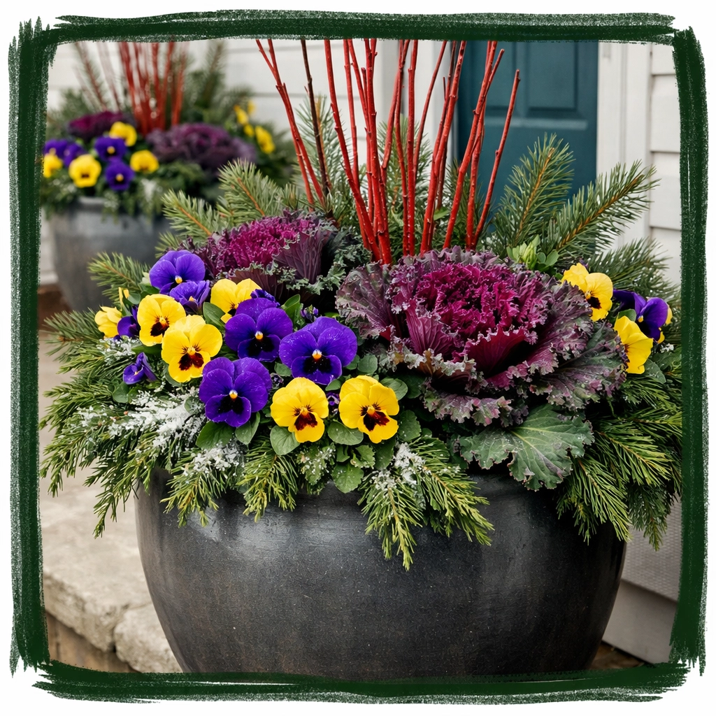 Winter container planters with colorful pansies and ornamental kale on front porch Winter container planters with colorful pansies and ornamental kale on front porch