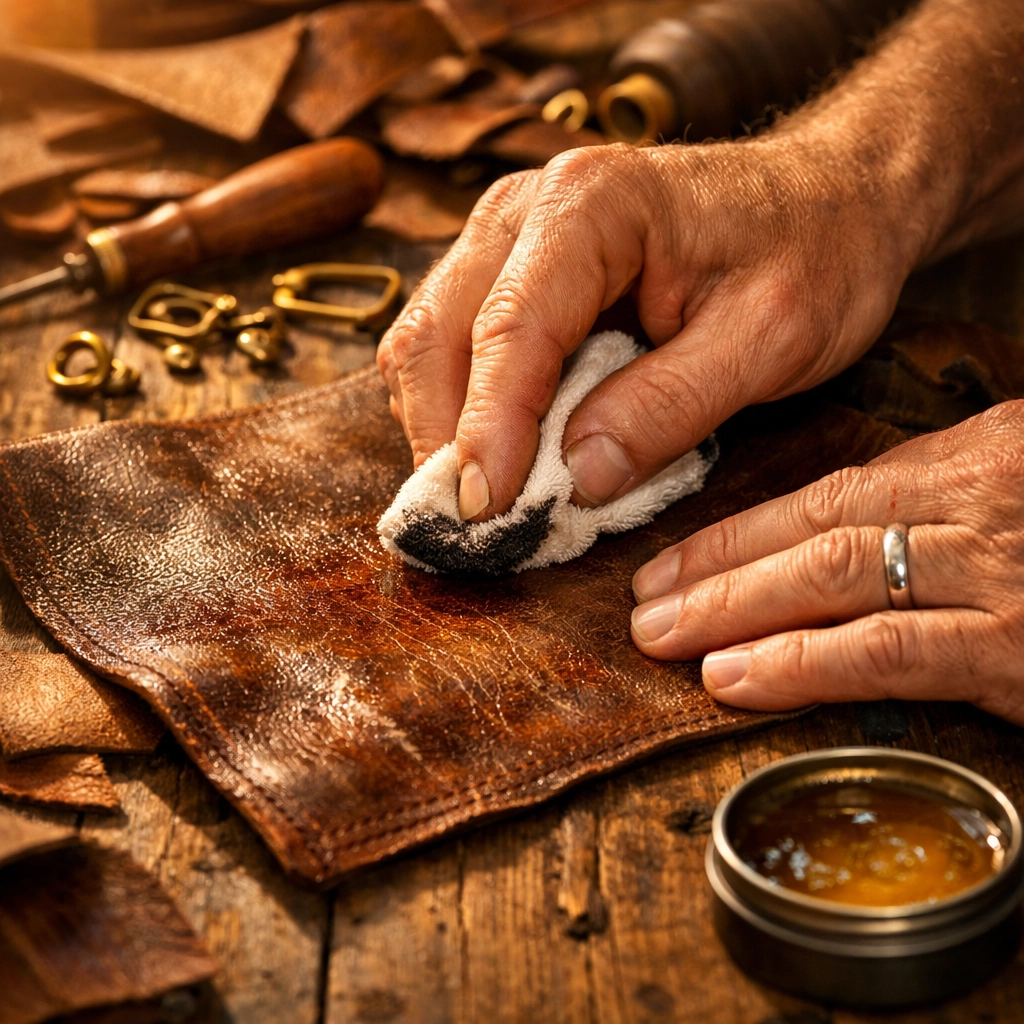 Artisan hands crafting full-grain distressed leather with traditional tools and techniques