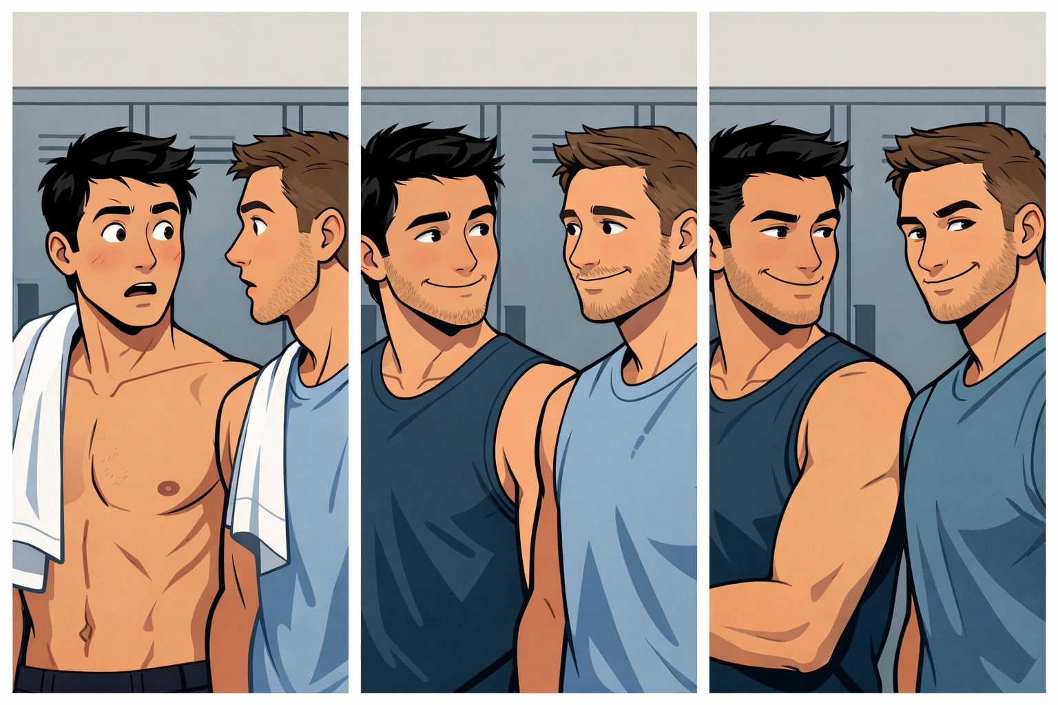 Three stages of a knowing glance between men in a locker room
