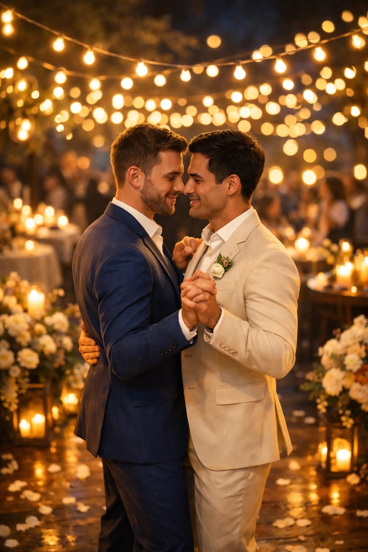 Two men dancing together at celebration representing true love and commitment