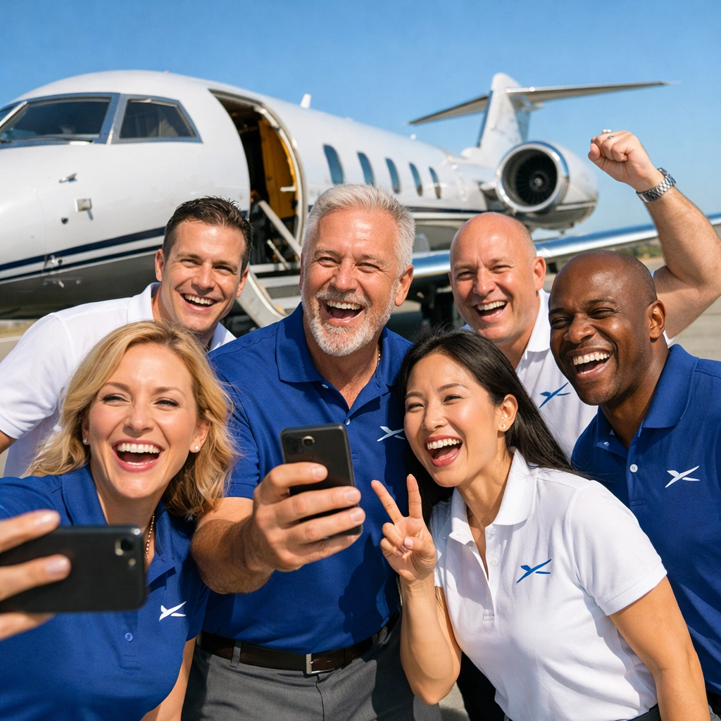 Business executives at private charter jet during corporate travel experience