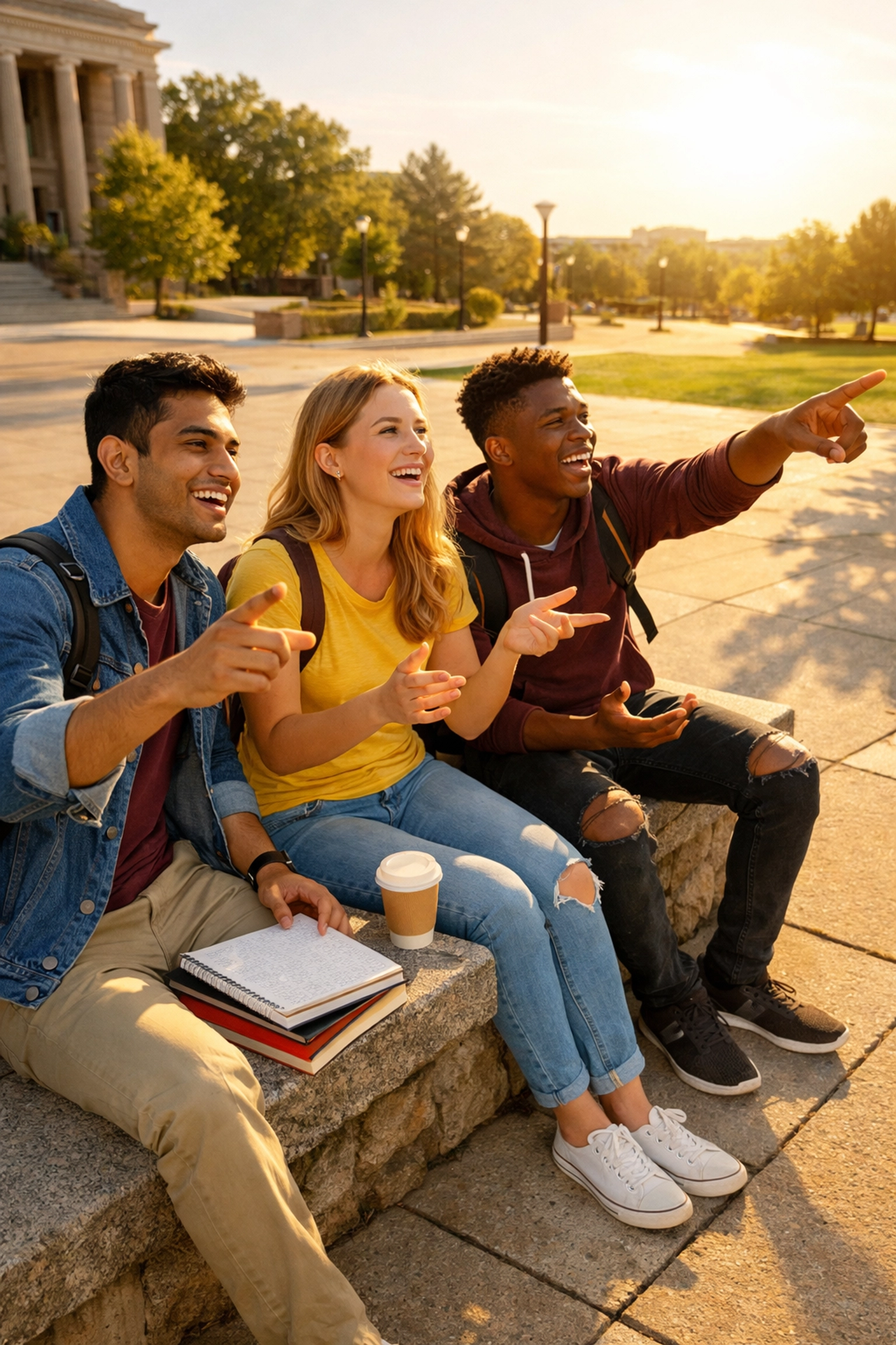 Group of diverse students on campus discussing their path to college success after the SAT series.