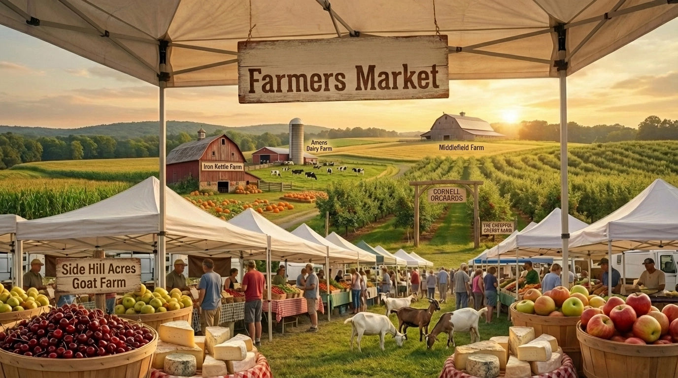 Local Farms and Markets: Spotlight on Iron Kettle Farm, Cornell Orchards, The Cheerful Cherry Farm, Middlefield Farm, Side Hill Acres Goat Farm, and Ithaca Farmers Market