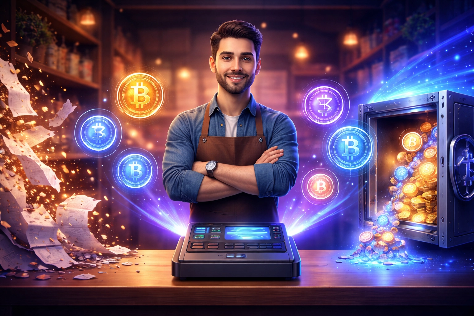 Small business owner accepting crypto payments, with cash flow moving from fading credit card receipts to secure digital wallets, highlighting reduced merchant interchange fees.