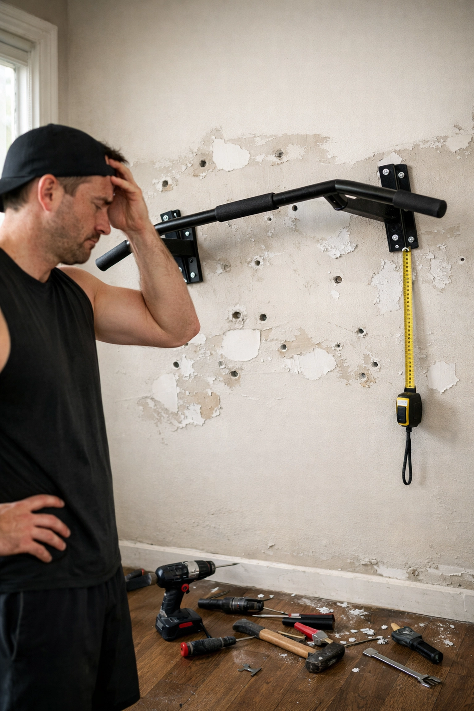 Damaged wall with drill holes from wall-mounted pull-up bar installation gone wrong