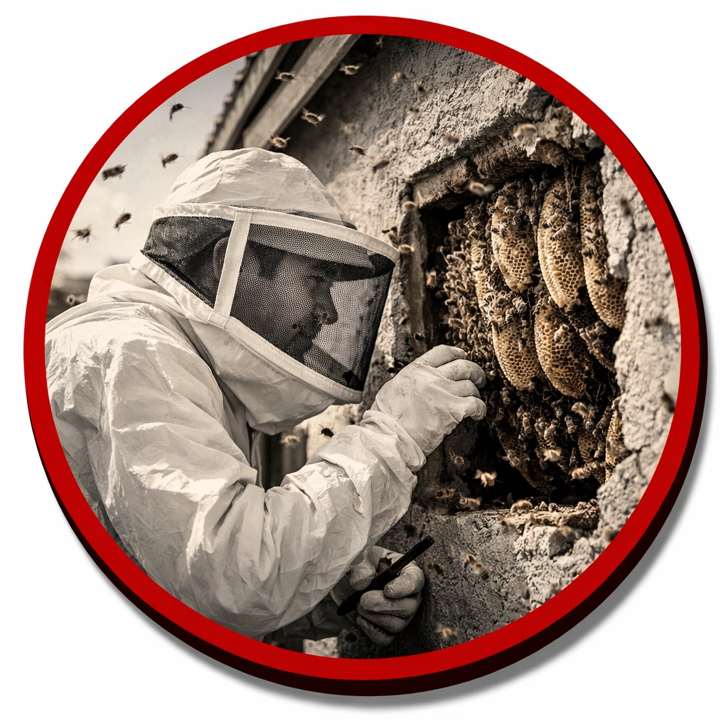 Professional bee removal technician in protective gear examining active hive in Coolidge home wall