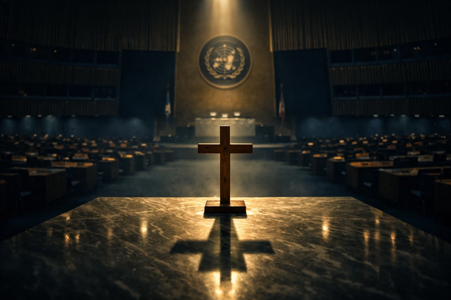 A wooden cross in a spotlight at an international assembly hall, representing the persecuted church on a global stage.