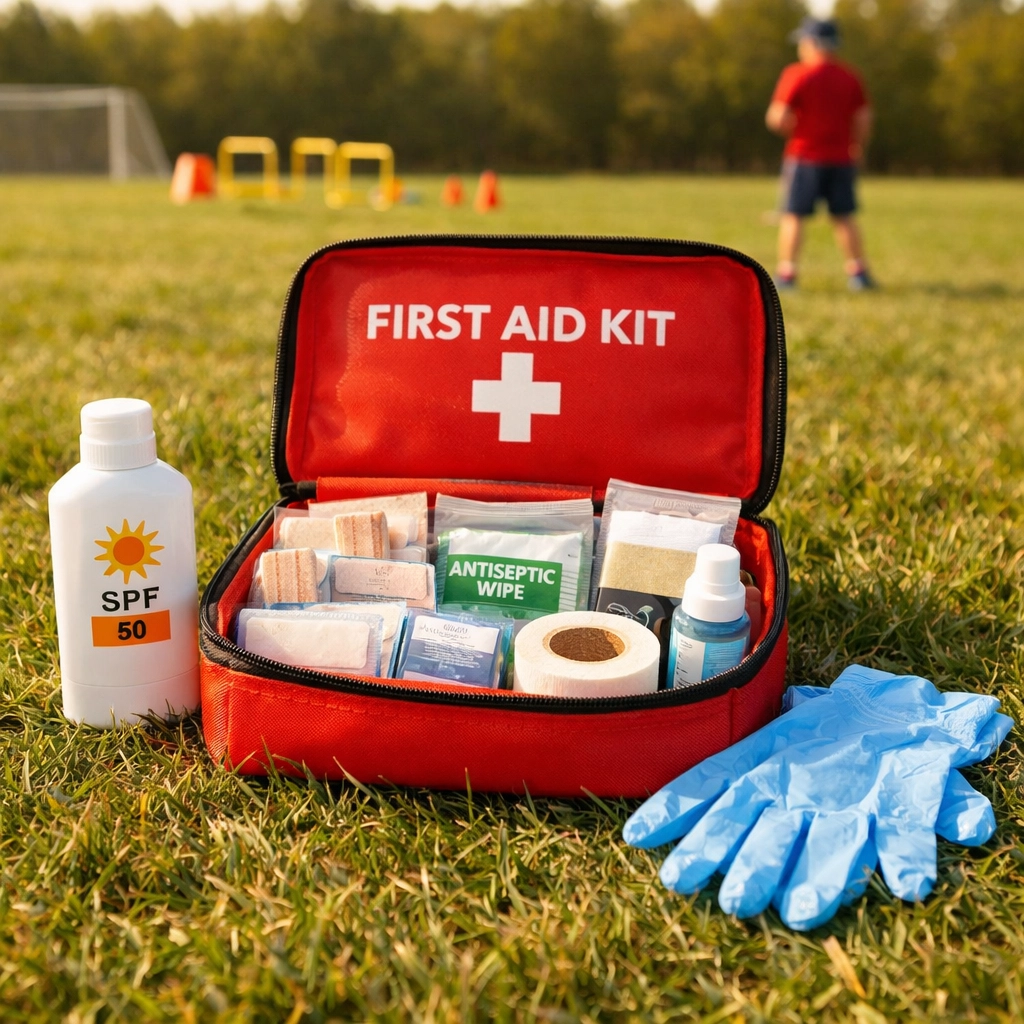 Youth coaching first aid kit with bandages, sunscreen and safety supplies on practice field