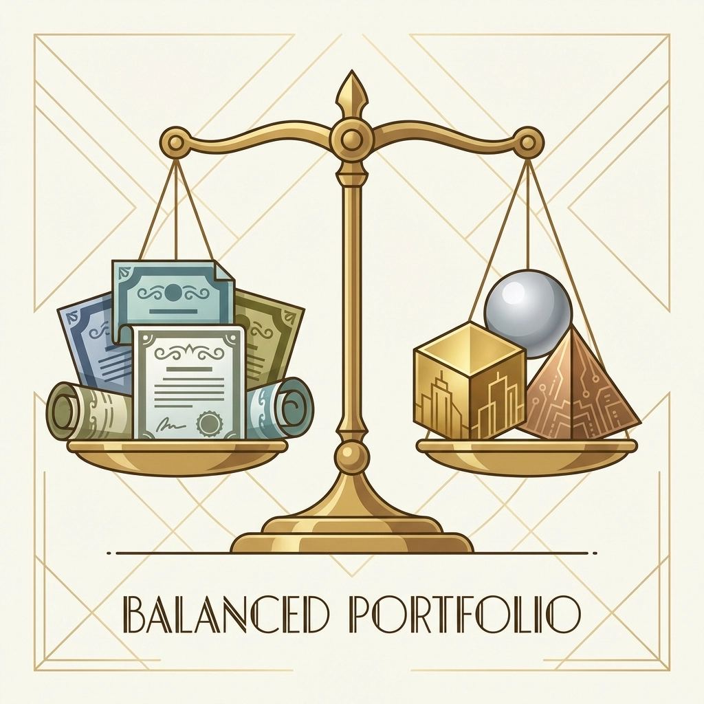 Balanced scale comparing traditional portfolios with alternative investments like real estate and digital assets.