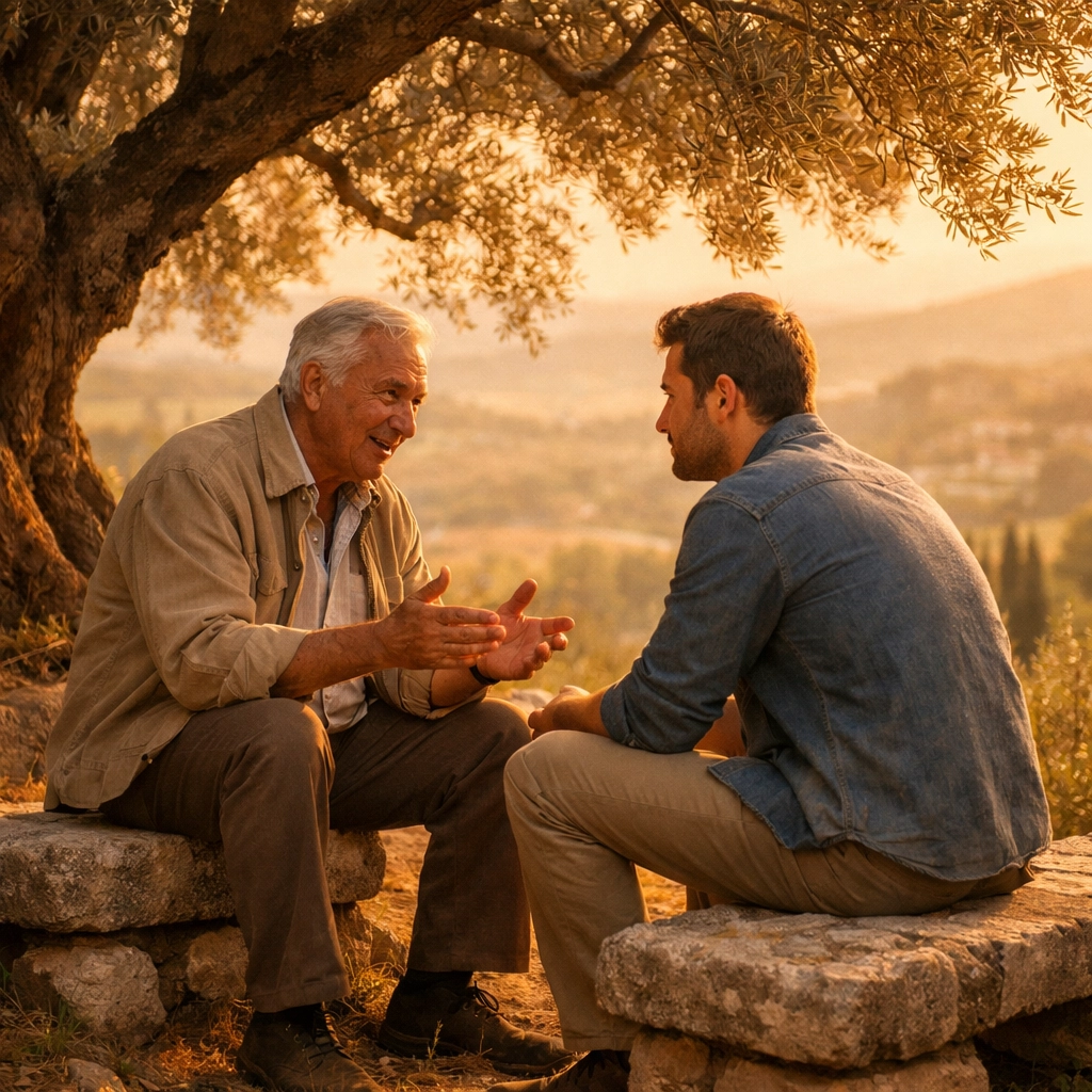 An elder sharing wisdom with a younger man under an olive tree, illustrating the power of biblical counsel.