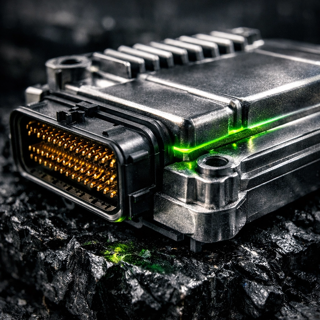 Close-up of a diesel truck ECU on a workbench representing the engine's brain ready for custom tuning.