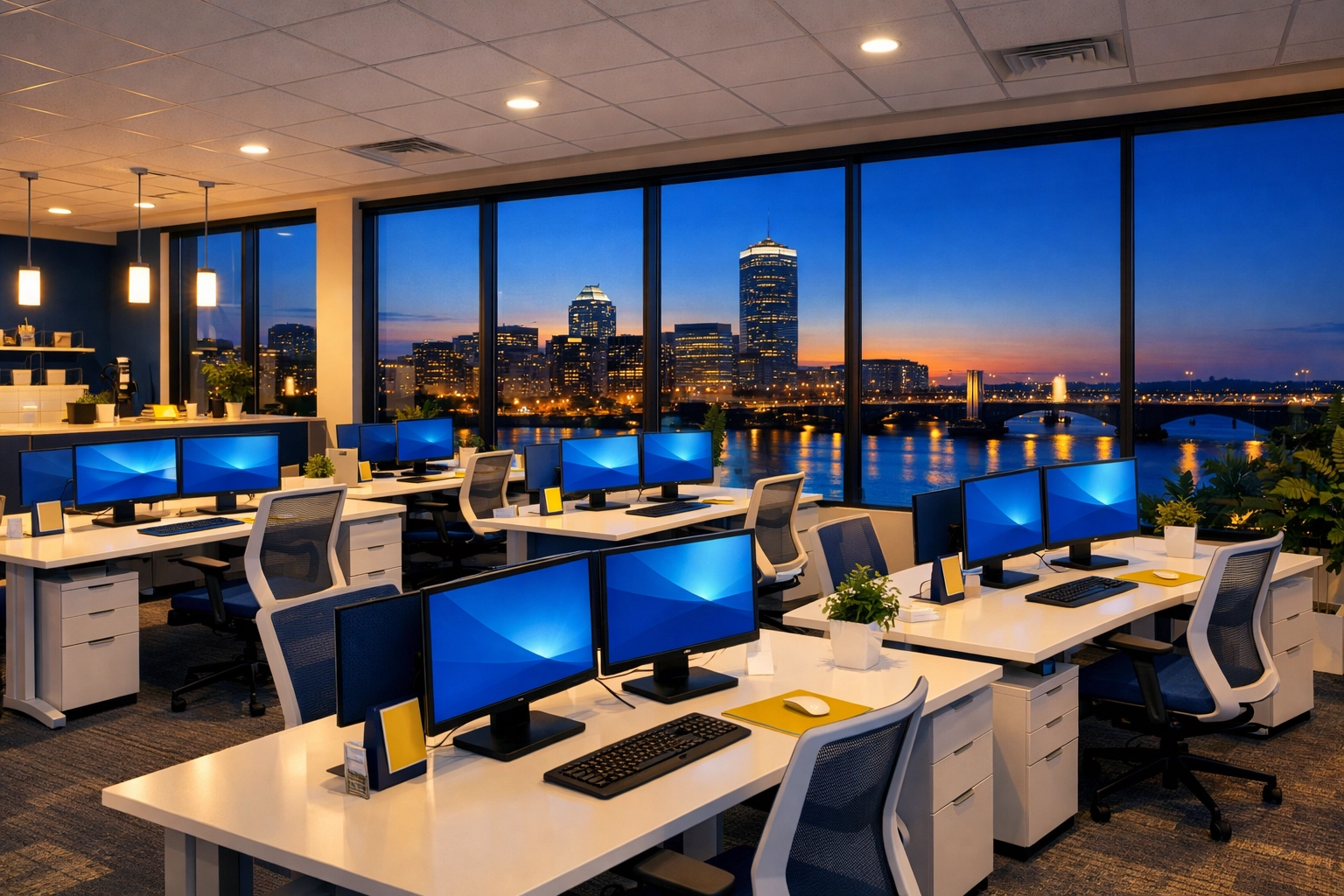 Gleaming open-plan office workstations in Massachusetts after professional janitorial services.