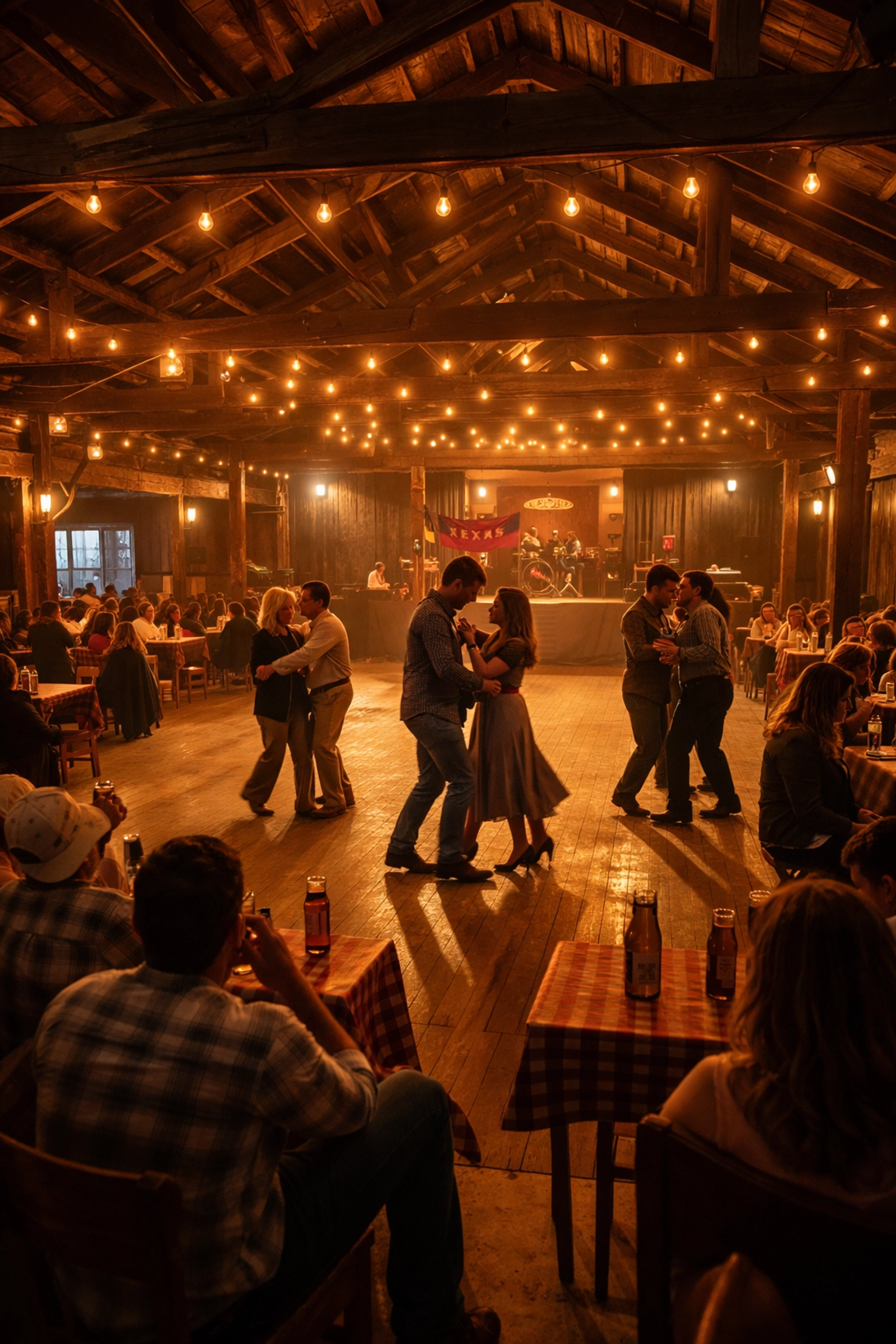 Historic Texas dance hall with string lights and couples dancing in New Braunfels