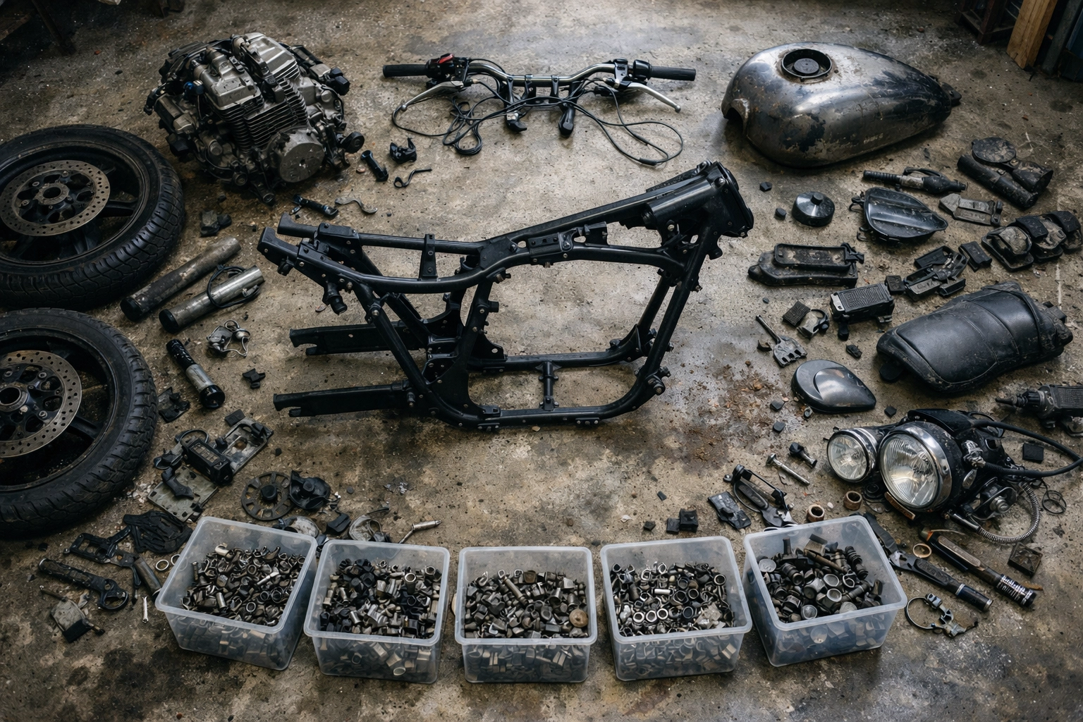 A disassembled non-running motorcycle on a garage floor with used motorcycle parts scattered for parting out.