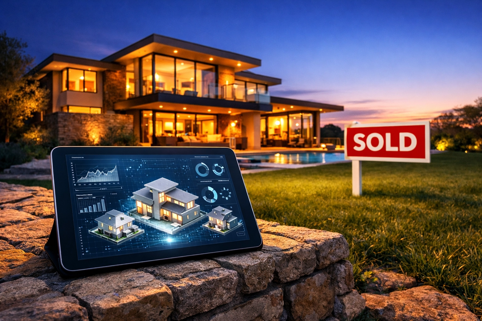 AI SIGNAL : Putting AI to Work 2 Modern house with a sold sign and a tablet displaying AI real estate software.