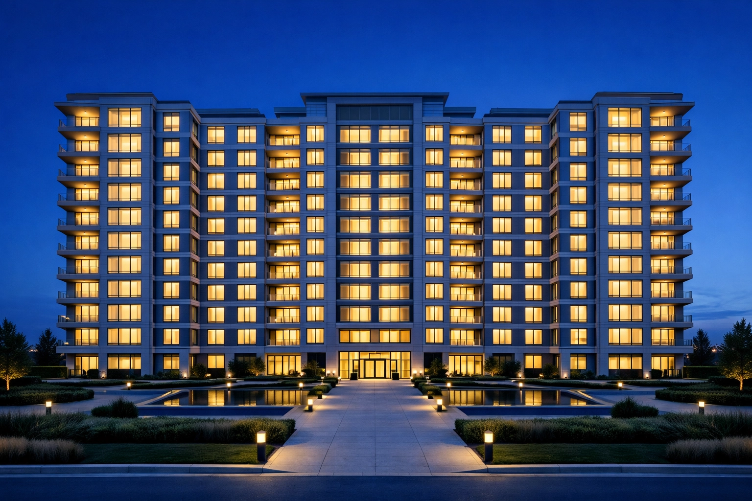 Stabilized multi-family investment property at dusk, signifying long-term cash flow with a DSCR loan.