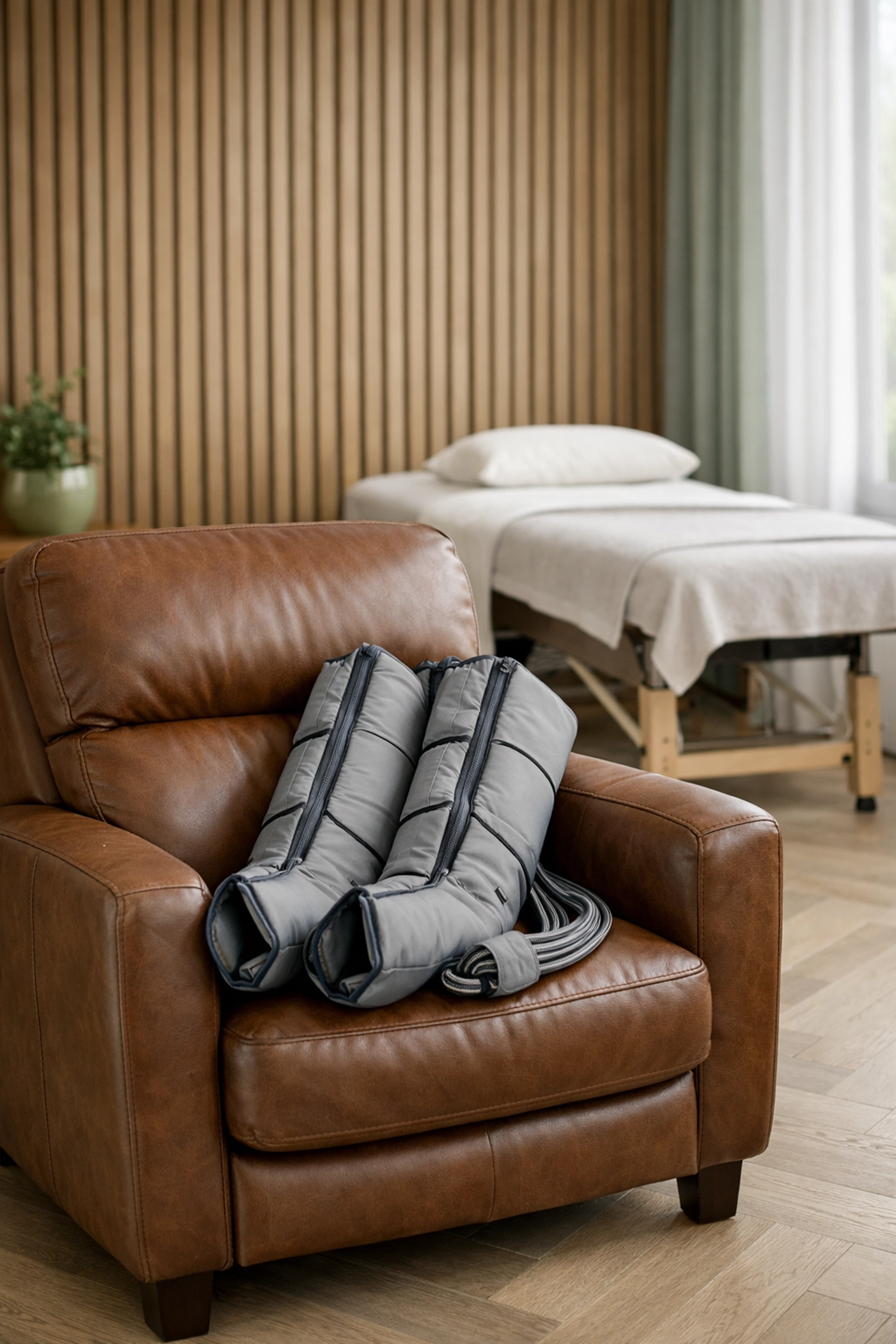Normatec compression therapy boots in a modern recovery suite at The Wellness Lounge Cardiff.