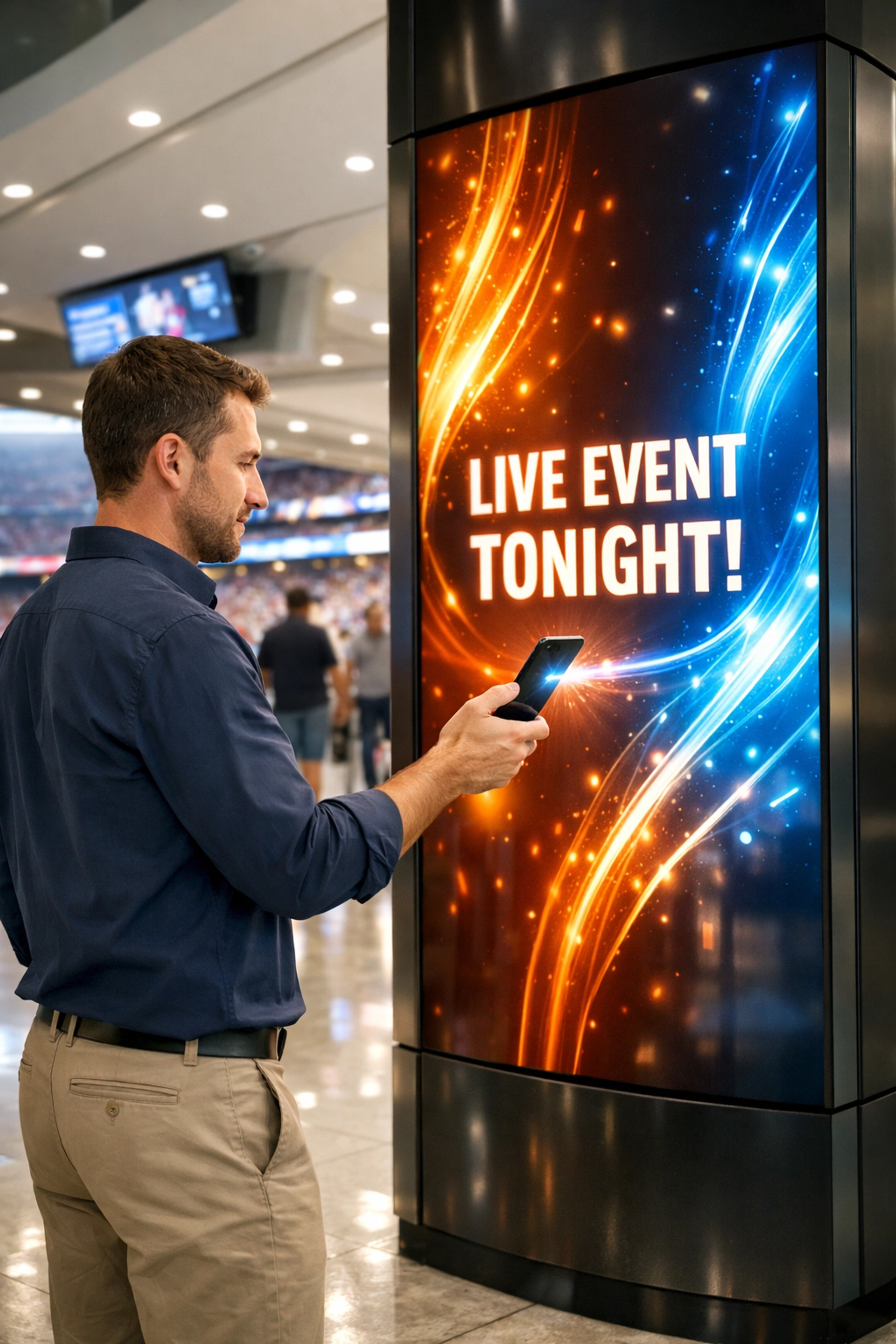 Digital advertising pillar in a stadium concourse showing mobile integration and fan engagement.