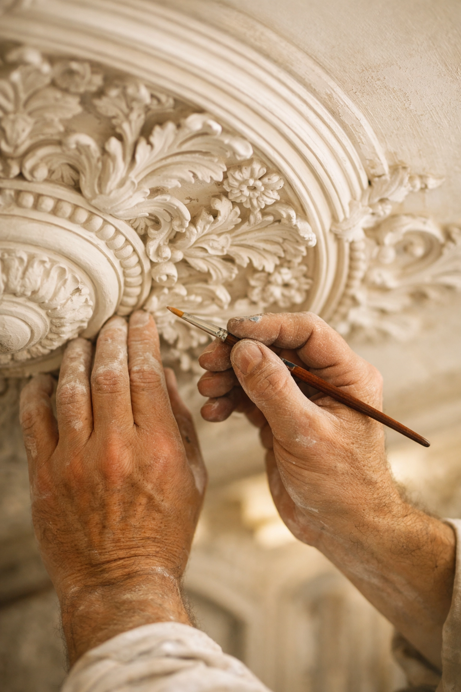 Heritage decorator carefully painting ornate Victorian ceiling rose in period property