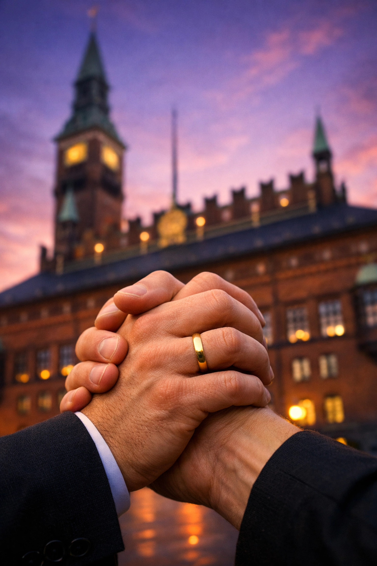 Two men holding hands in front of Copenhagen City Hall, symbolizing the 1989 landmark for gay marriage equality.