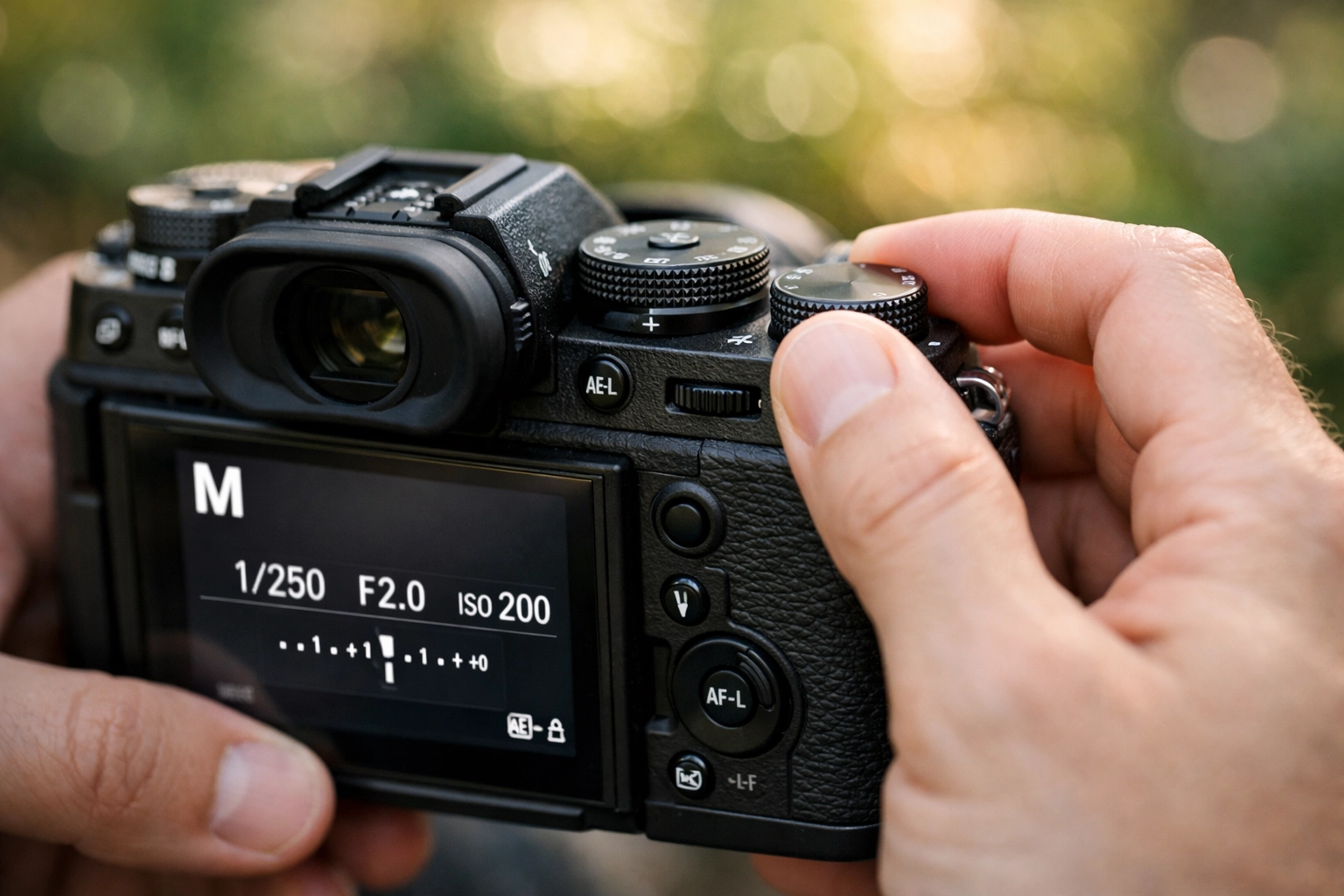 Adjusting dials on one of the best mirrorless cameras to master how to use manual mode camera settings.