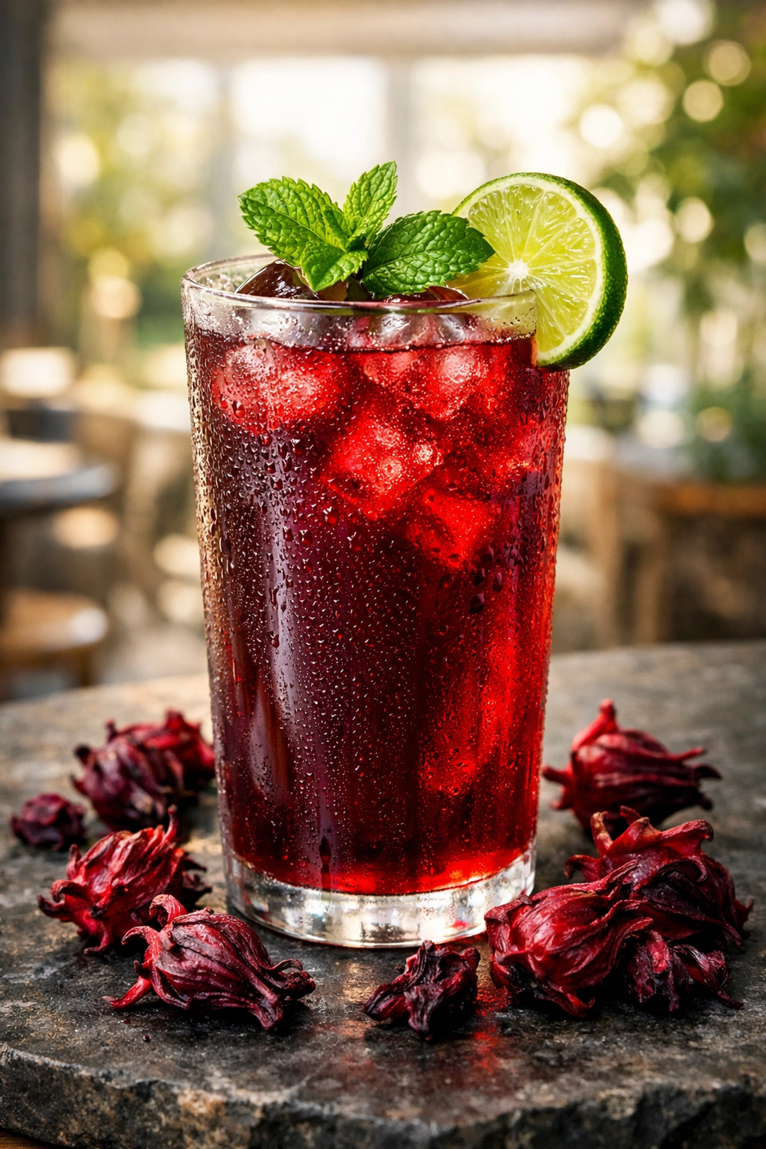 Chilled crimson Zobo tea served with premium dried hibiscus calyces for a natural wellness drink.