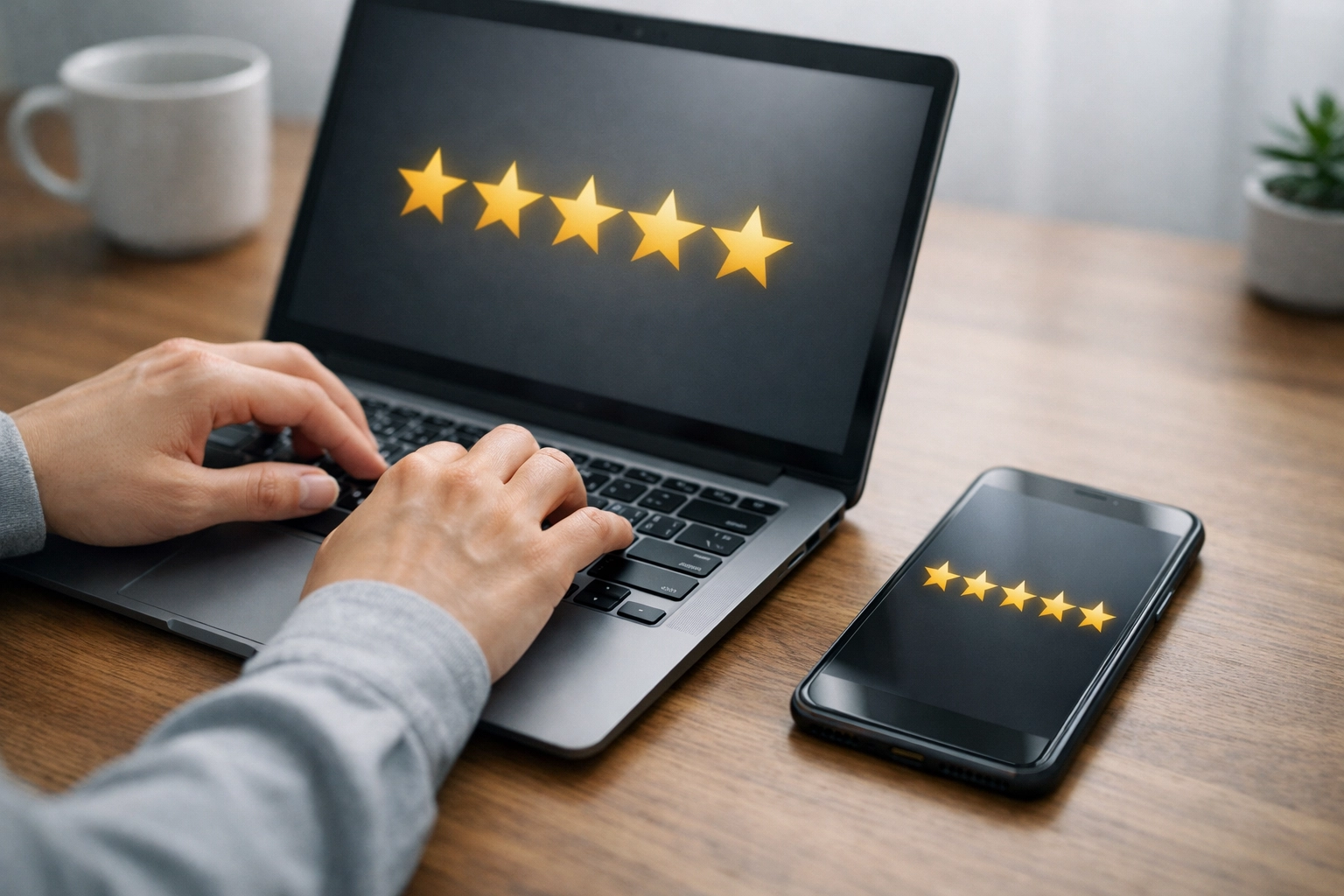 Five-star reviews displayed on laptop for mortgage broker reputation management