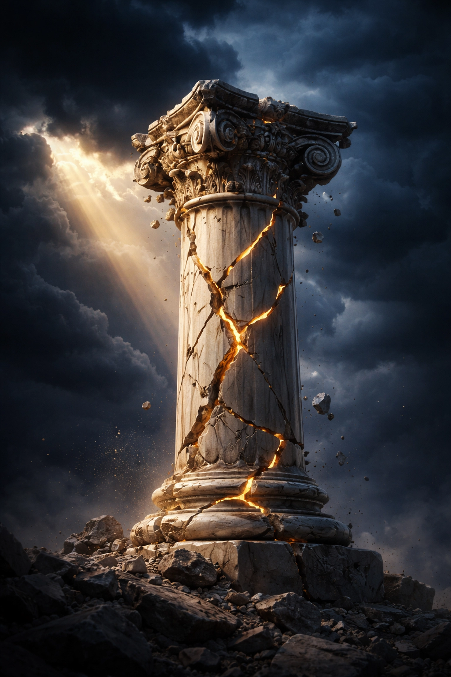 Crumbling Greek column under stormy skies symbolizes the decline of the 60/40 portfolio model for investors.