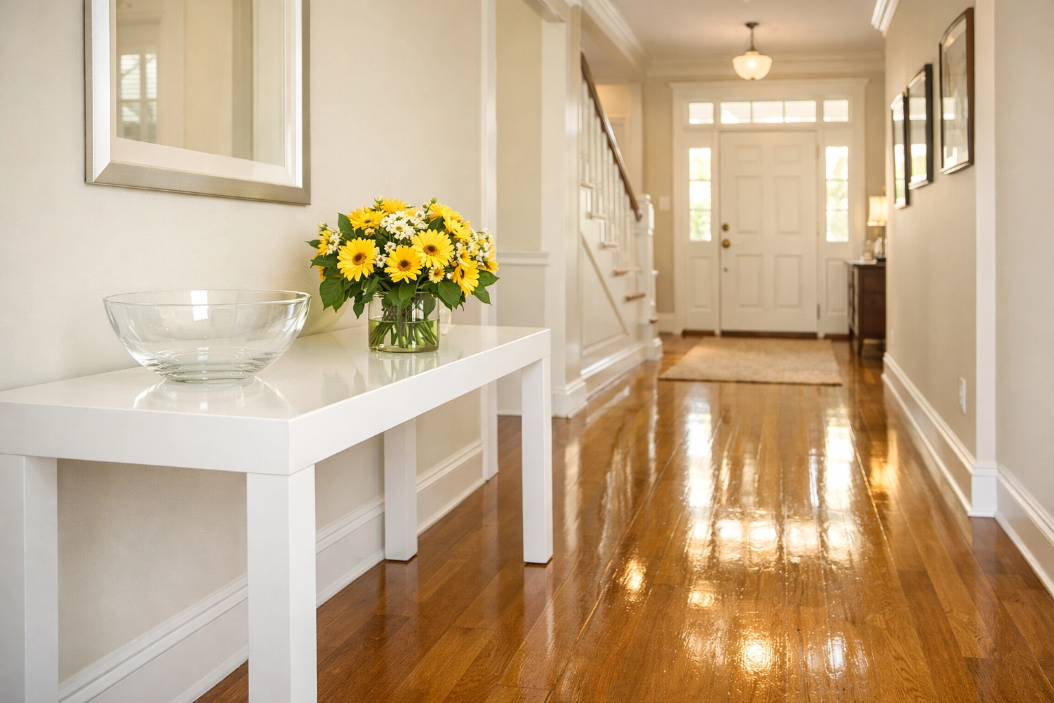 Polished hardwood entryway reflecting the stress-free results of a local house cleaning Cambridge MA.