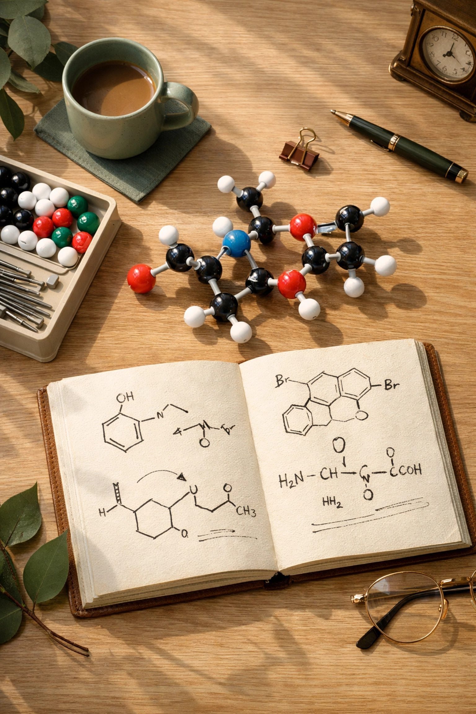 Molecular model kit and organic chemistry diagrams on a desk for a student aiming for an A* in A Level Chemistry.