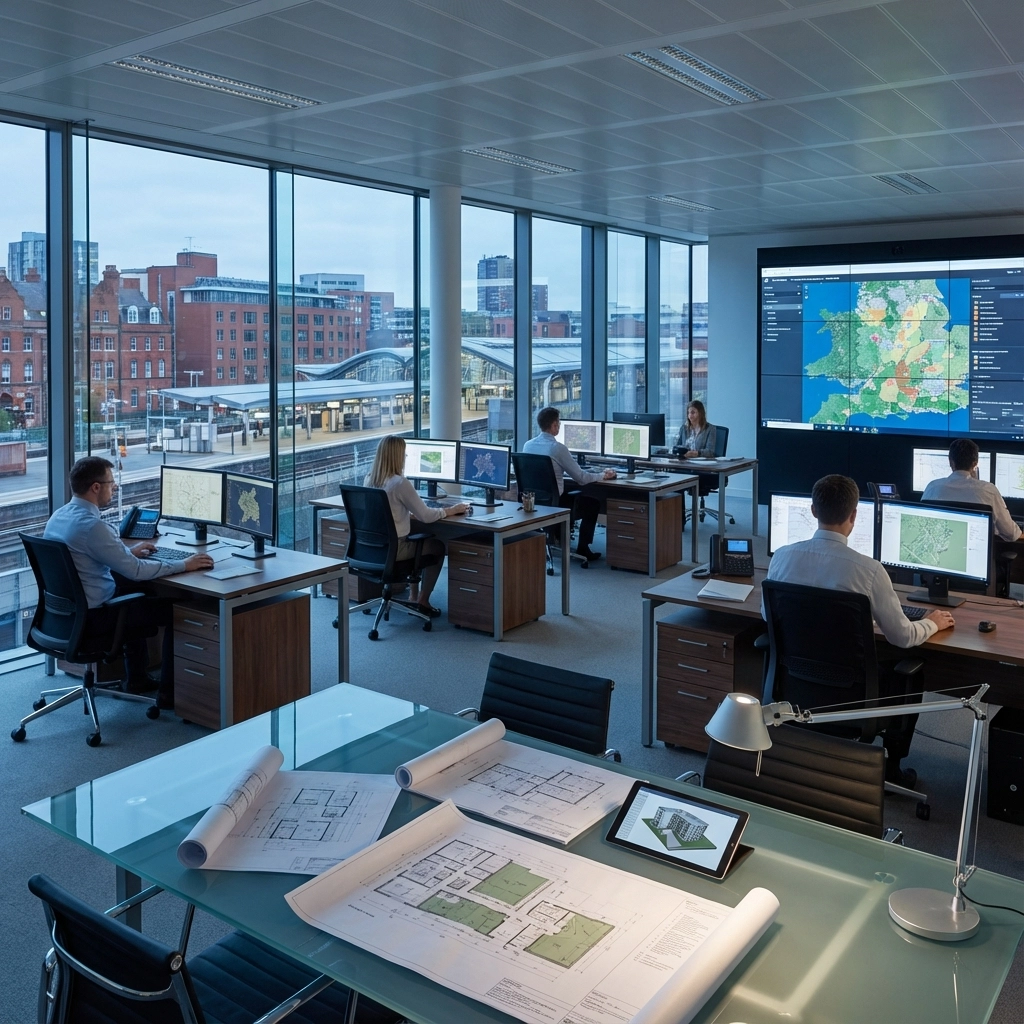 Modern office with six people working at desks with computers. Large screen showing maps. Cityscape visible through large windows. Calm mood.