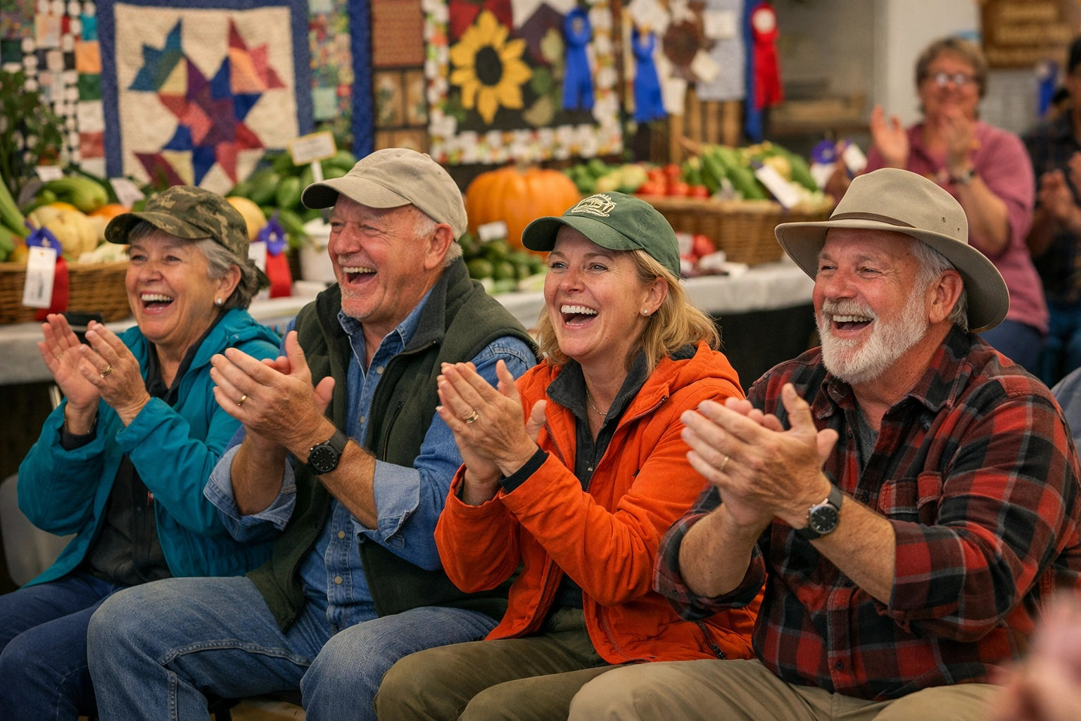 Fair board members clapping in an exhibition hall to support different departments and build culture.
