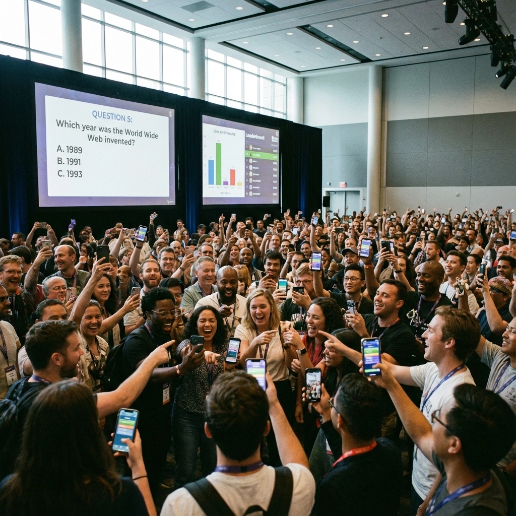 100's of people at a big conference all playing an online quiz on their smart phones