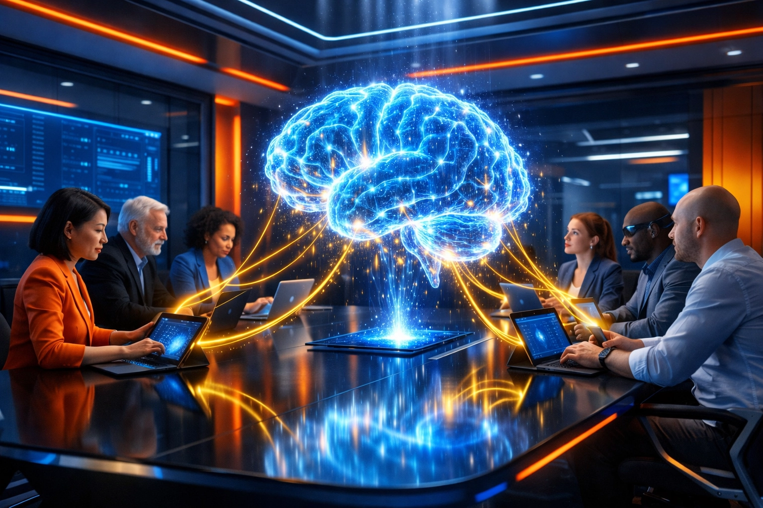 Team im modernen Büro bei einer KI-Schulung zur Stärkung der KI-Kompetenz.