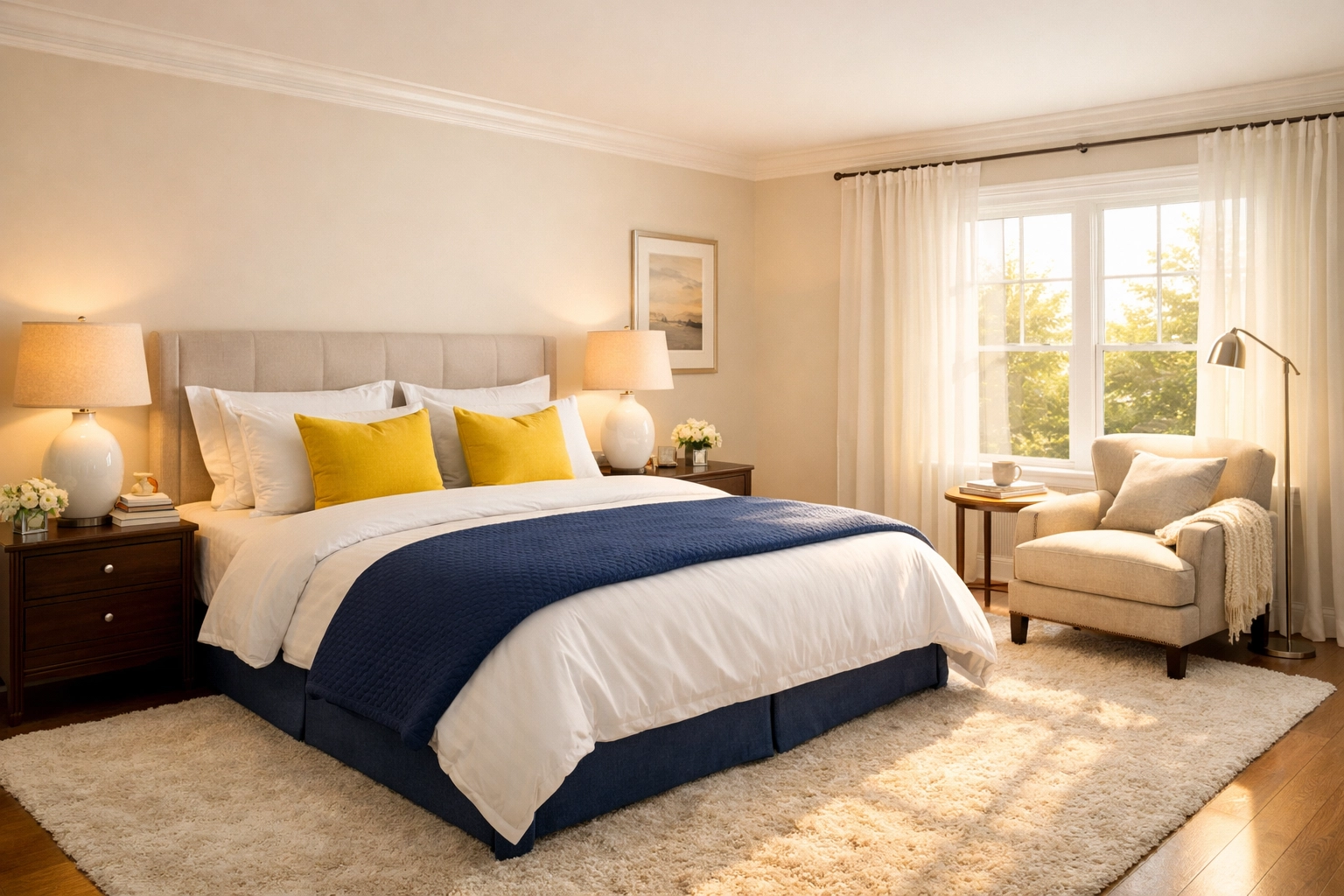 Tidy master bedroom in Wellesley showing the results of a reliable house cleaning service in Lexington.