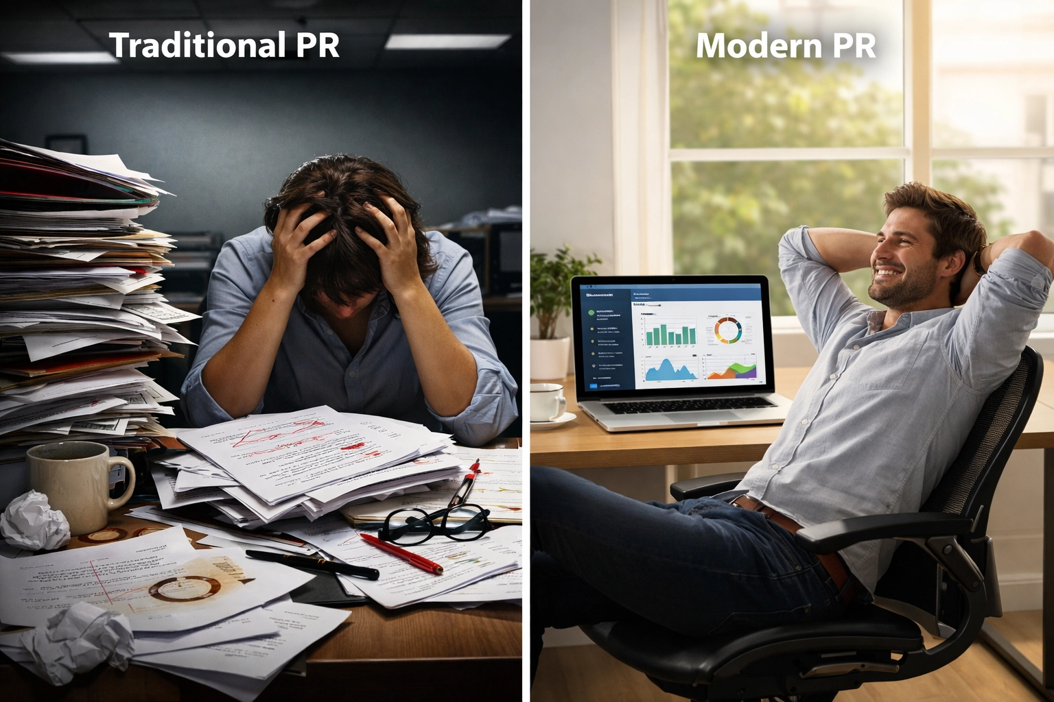 Comparison of traditional manual PR workflow versus automated press release management system