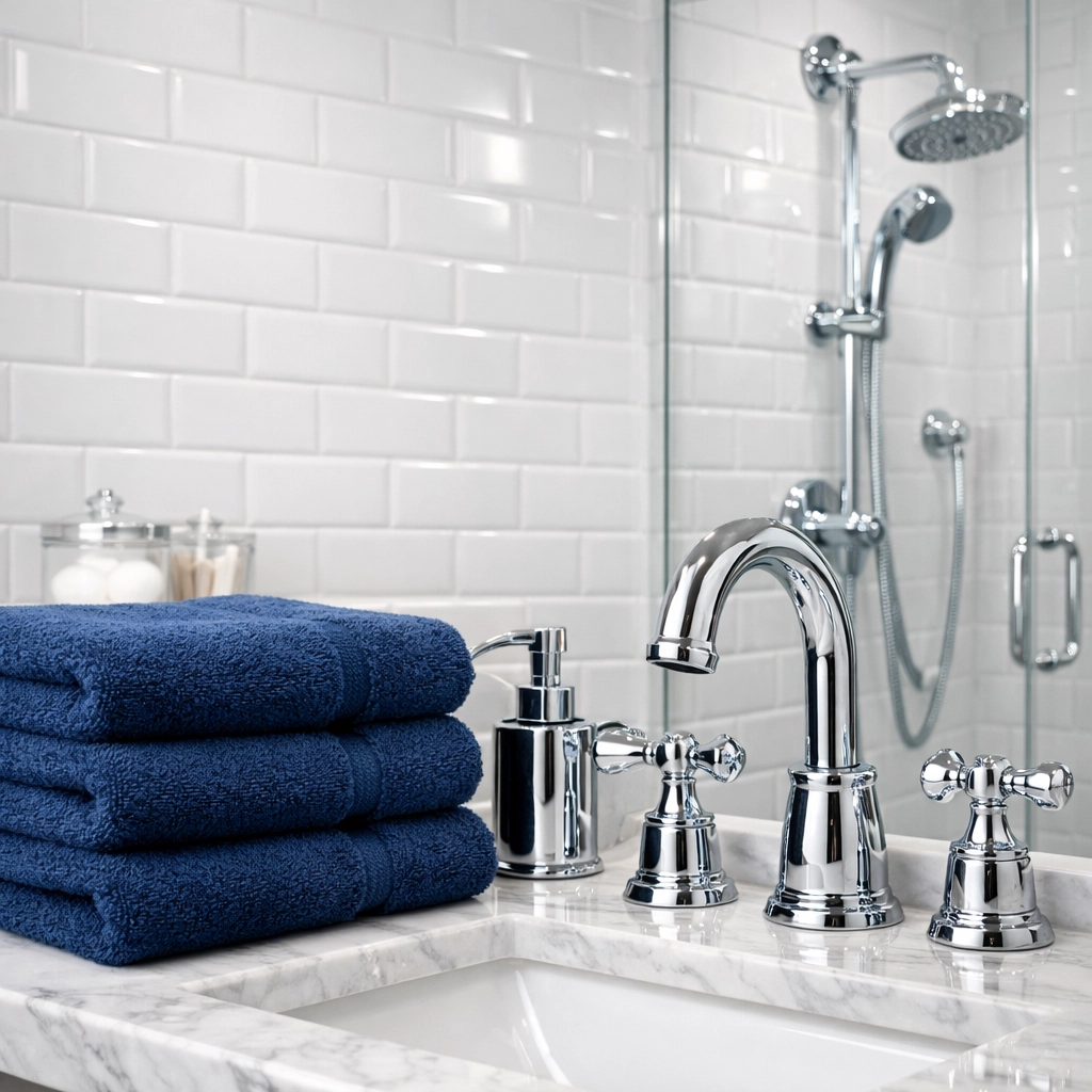 Deep cleaned luxury bathroom with polished chrome, highlighting the standard for house cleaning Pepperell MA.