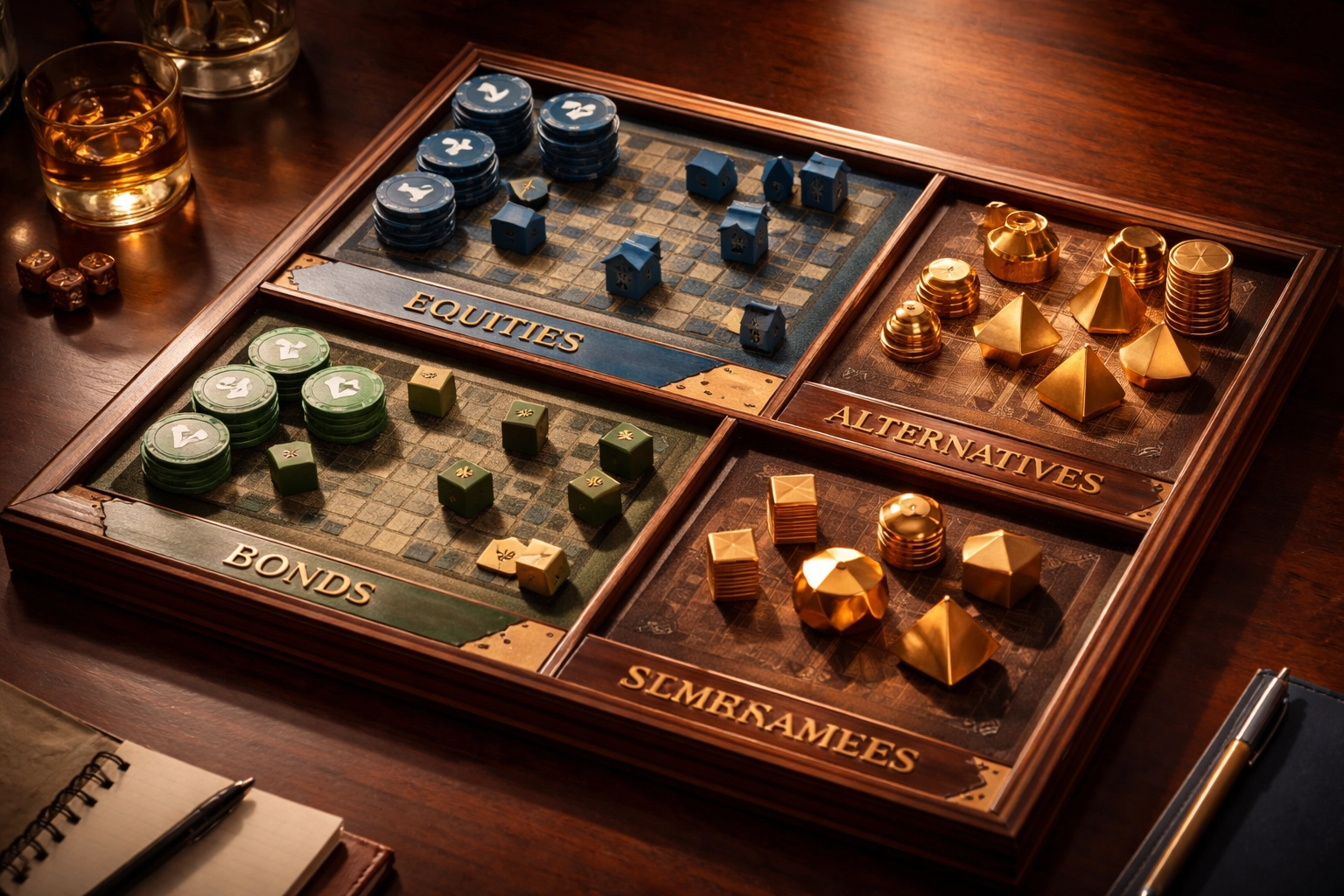 Investment board game showing balanced portfolio with equities, bonds, and alternatives for diversification