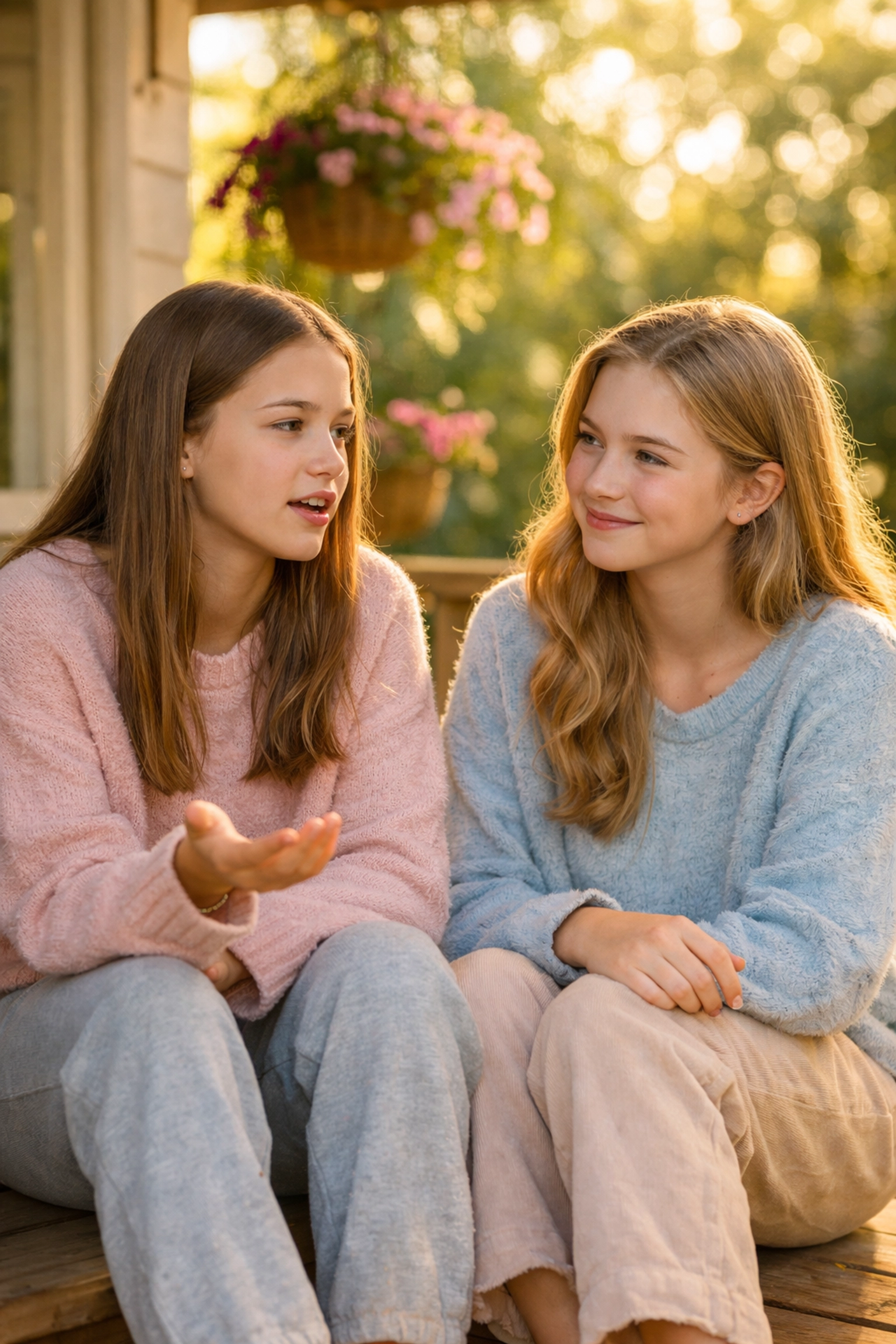 Two teenage girls connecting on a porch in a compassionate behavioral health residential program.