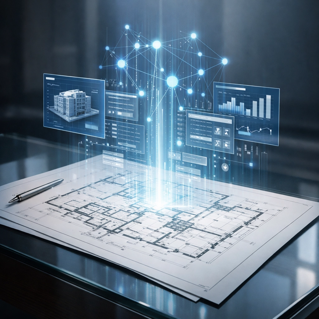Holographic software interface over a blueprint illustrating digital transformation and SaaS product development.