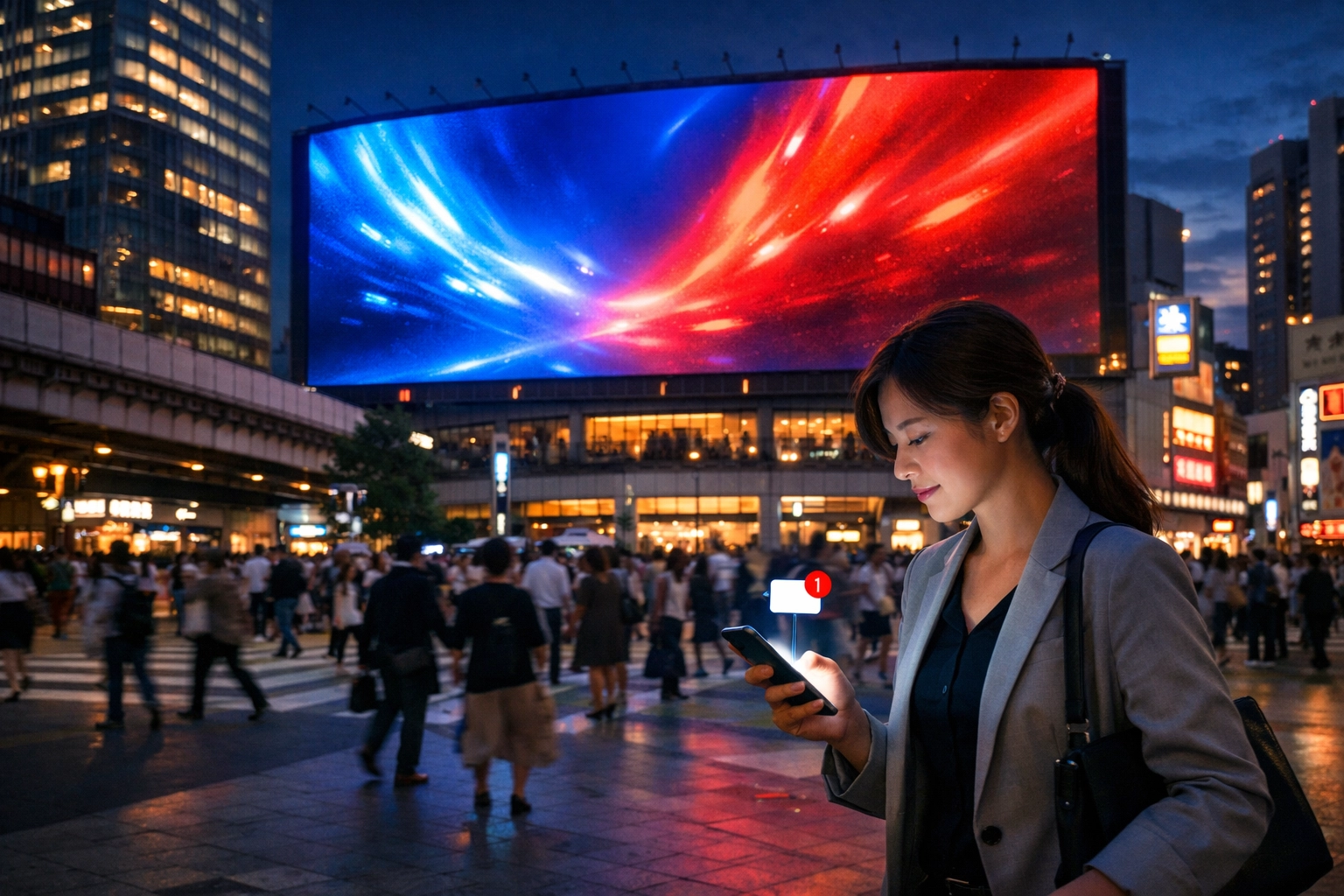 Person receiving a mobile notification in front of a digital billboard, illustrating multi-channel synergy.