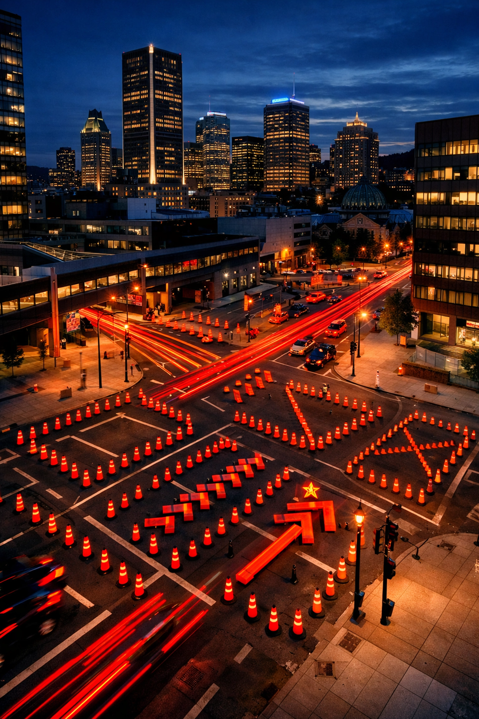 Montreal streets with orange construction cones arranged in traffic management patterns