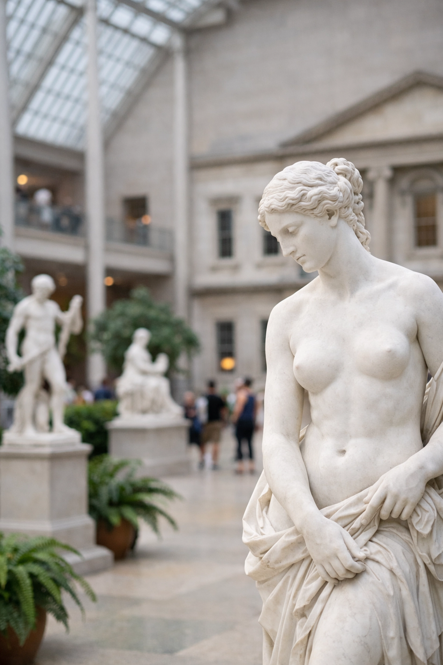 Marble statues in the Petrie Court, one of the best photography locations for museum architecture.