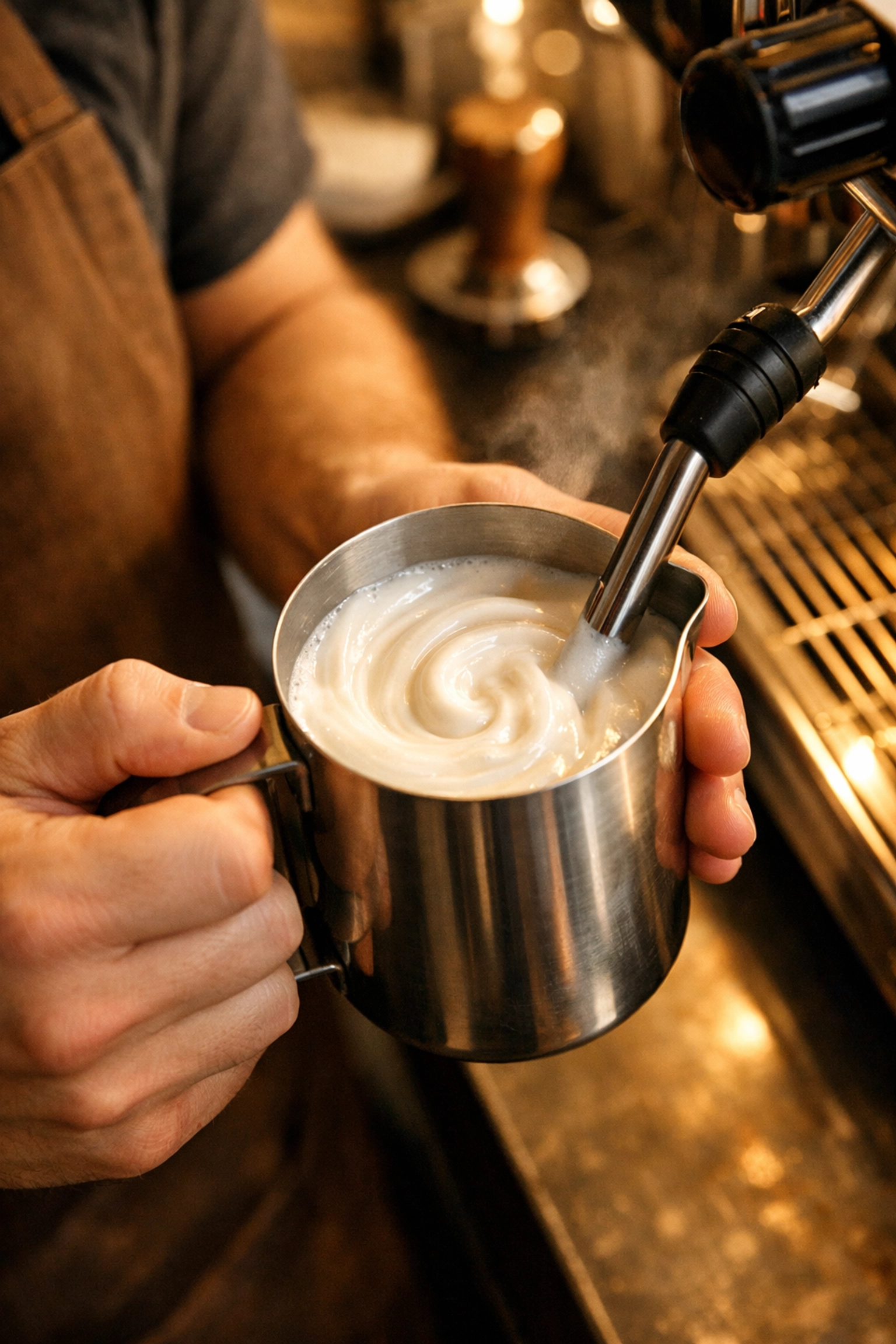 A barista steaming milk to a silky micro-foam texture using a commercial espresso machine steam wand.